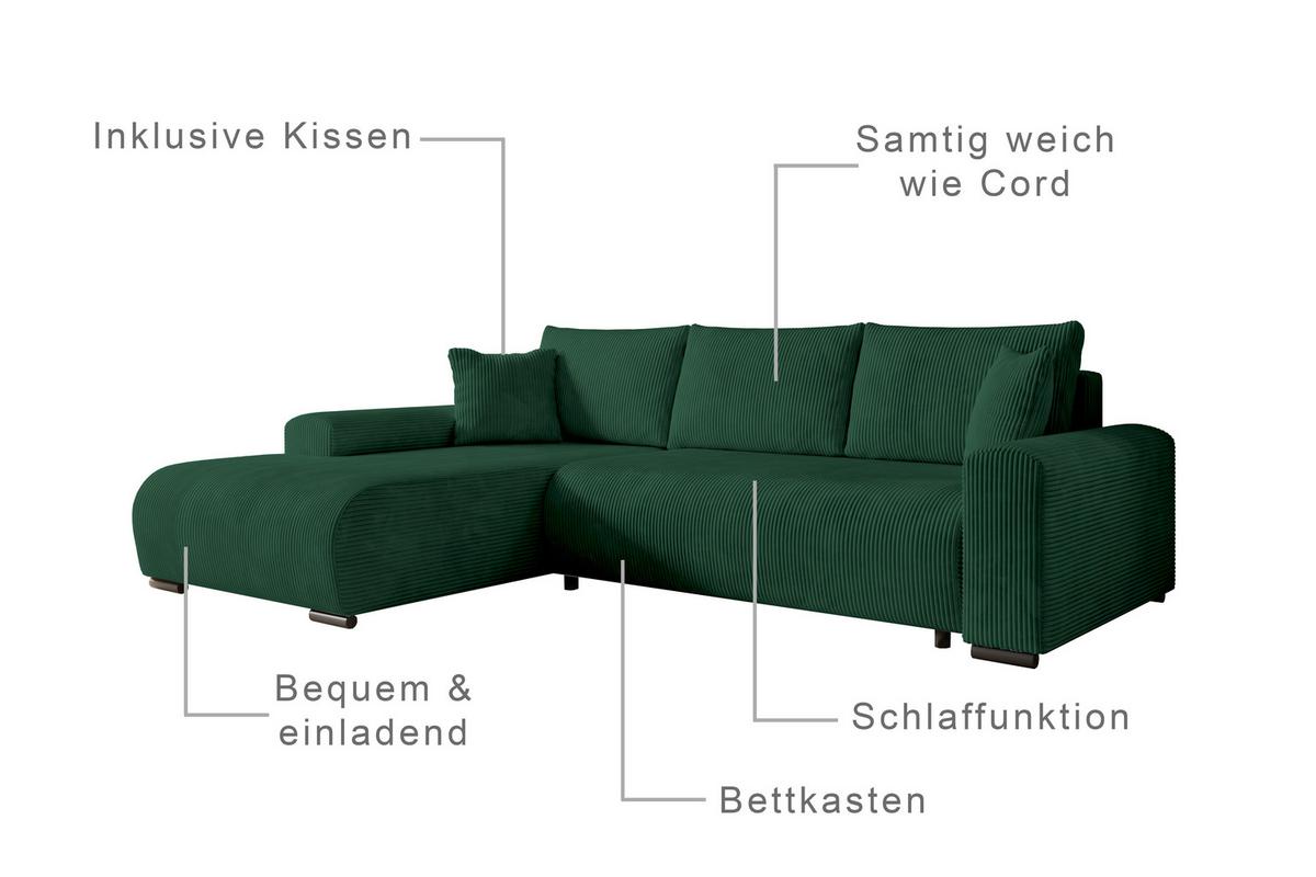 ECKSOFA Nelly mit Bettkasten und Schlaffunktion, Cordstoff in L-Form - Grün, Textil (270/185cm)
