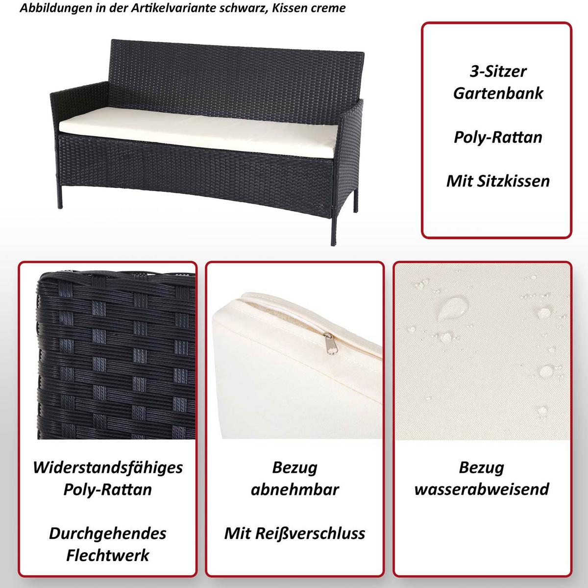 3-SITZER POLY-RATTAN GARTENBANK Anthrazit, Cremeweiß - Anthrazit/Weiß, Kunststoff (154/82/60cm) - MCW