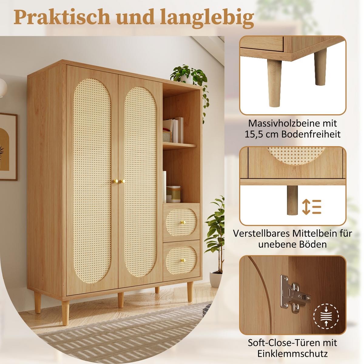 KLEIDERSCHRANK in Eichenoptik mit Rattan-Dekor, offenen Regalen und 2 Schubladen - Eichefarben, Holz (120/161/44cm) - Urban Meuble