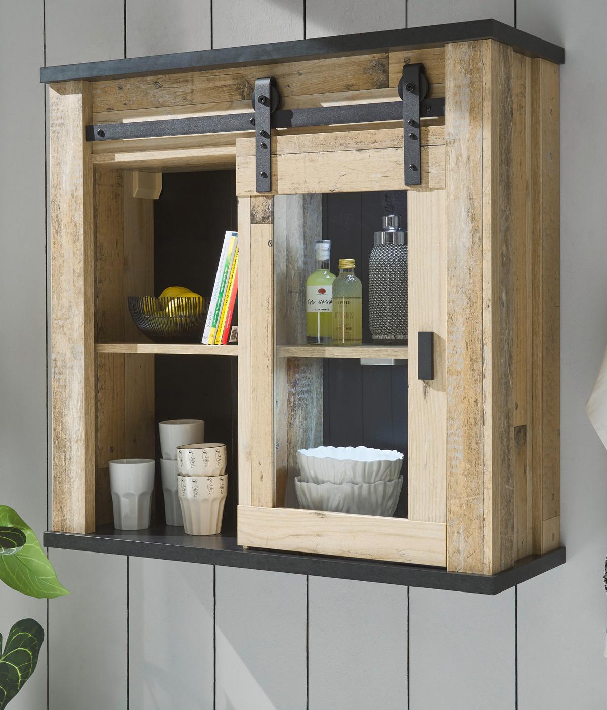 HÄNGESCHRANK Used Wood hell, anthrazit 93 cm Vintage, Küchenschrank mit Schiebetür - Anthrazit/Schwarz, Glas/Holzwerkstoff (93/90/31cm) - Furn.Design