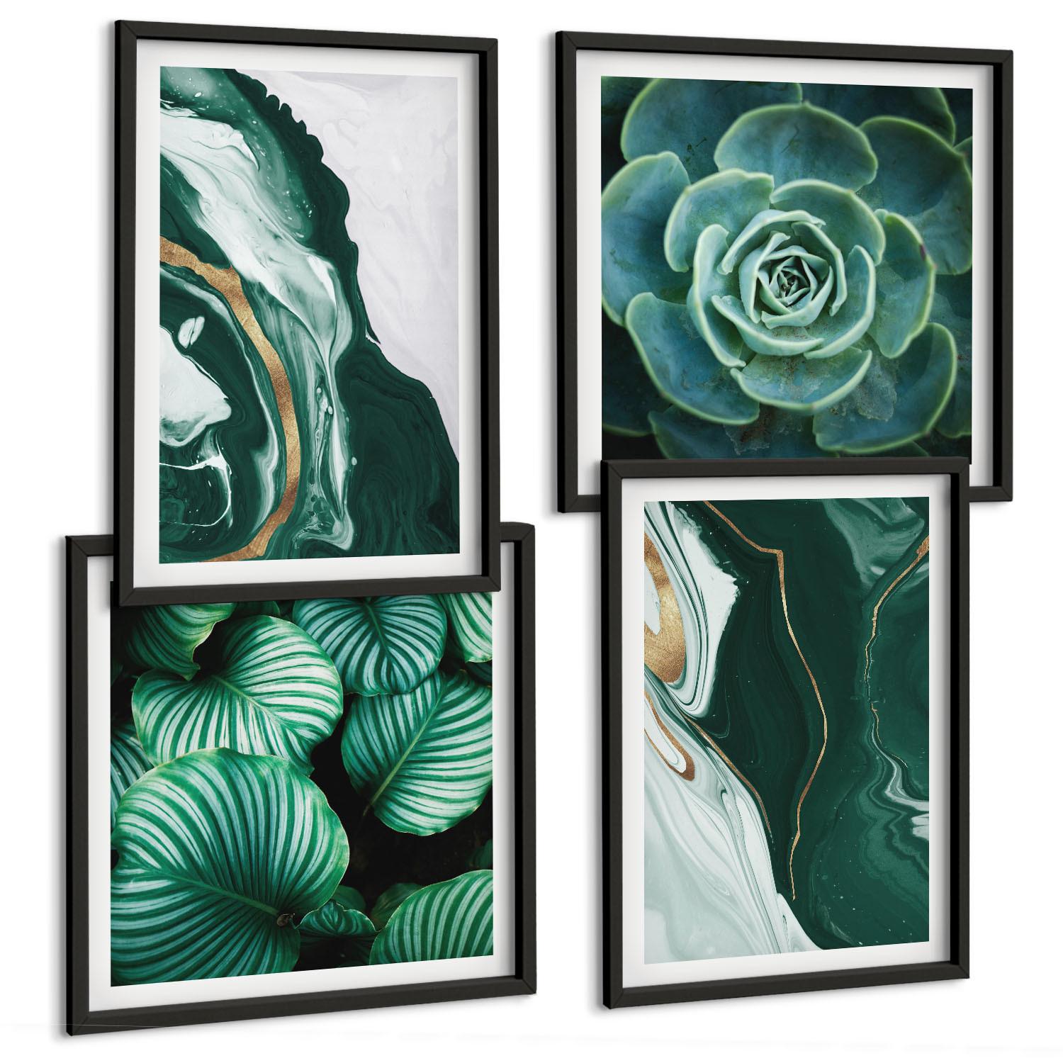 BILDER SET 4er Set - 50x50 cm & 40x60 cm Schwarzer Rahmen - Abstrakte Muster von Sukkulentenblättern - Schwarz, Kunststoff (50/50cm) - TULUP