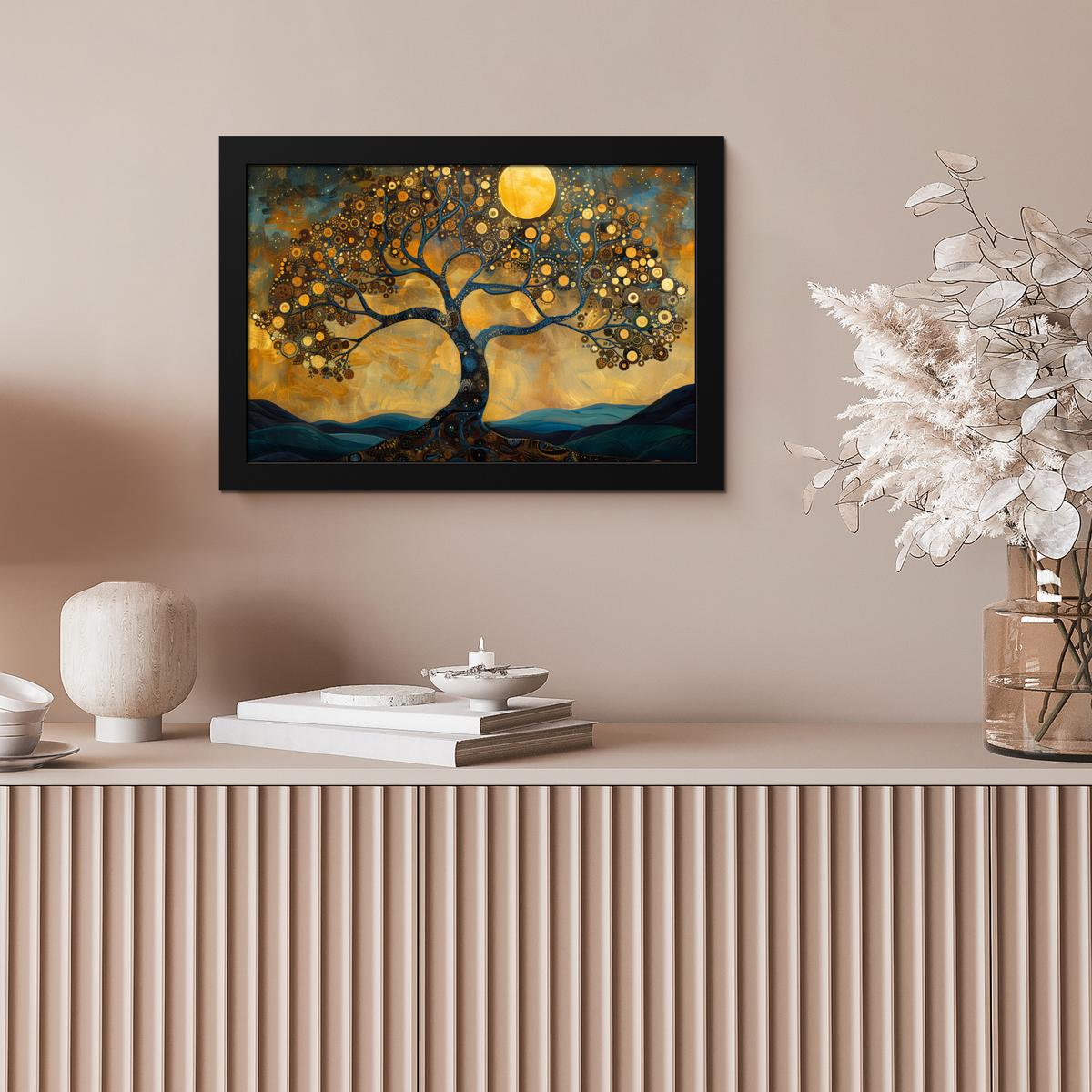POSTER MIT RAHMENGERAHMTES BILD Baum - Mond - Blumen - Gold - Kunst 30x20 cm - Orange, Papier (30/20cm) - MuchoWow