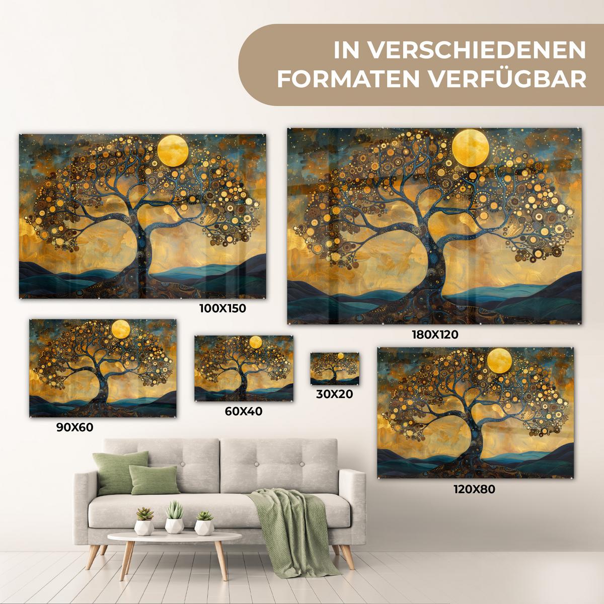 ACRYLGLASBILD Baum - Mond - Blumen - Gold - Kunst Wandbild Schlafzimmer 120x80 cm - Orange, Glas (120/80cm) - MuchoWow