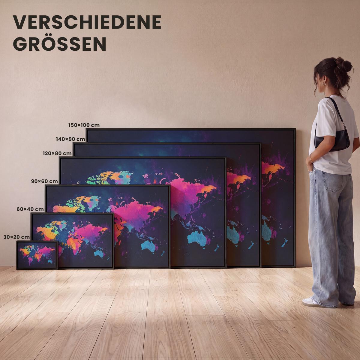 LEINWAND Bilder mit Rahmen - Weltkarte - Bunt - Graffiti - 150x100 - Multicolor, Textil (150/100cm) - MuchoWow