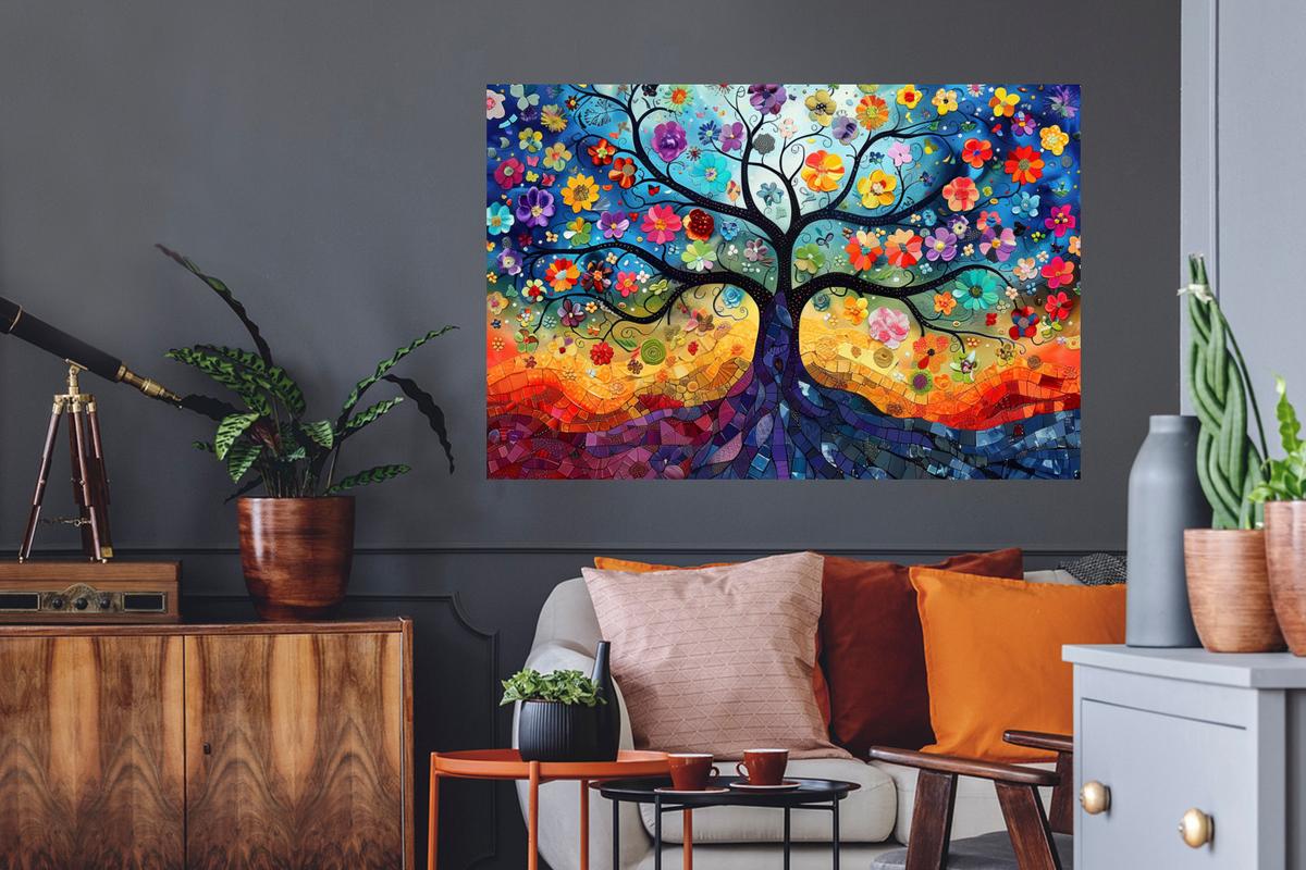 WANDTATTOO Kunst - Baum des Lebens - Blumen - Hippie Wandsticker 120x80 cm - Dunkelblau, Kunststoff (120/80/0.1cm) - MuchoWow