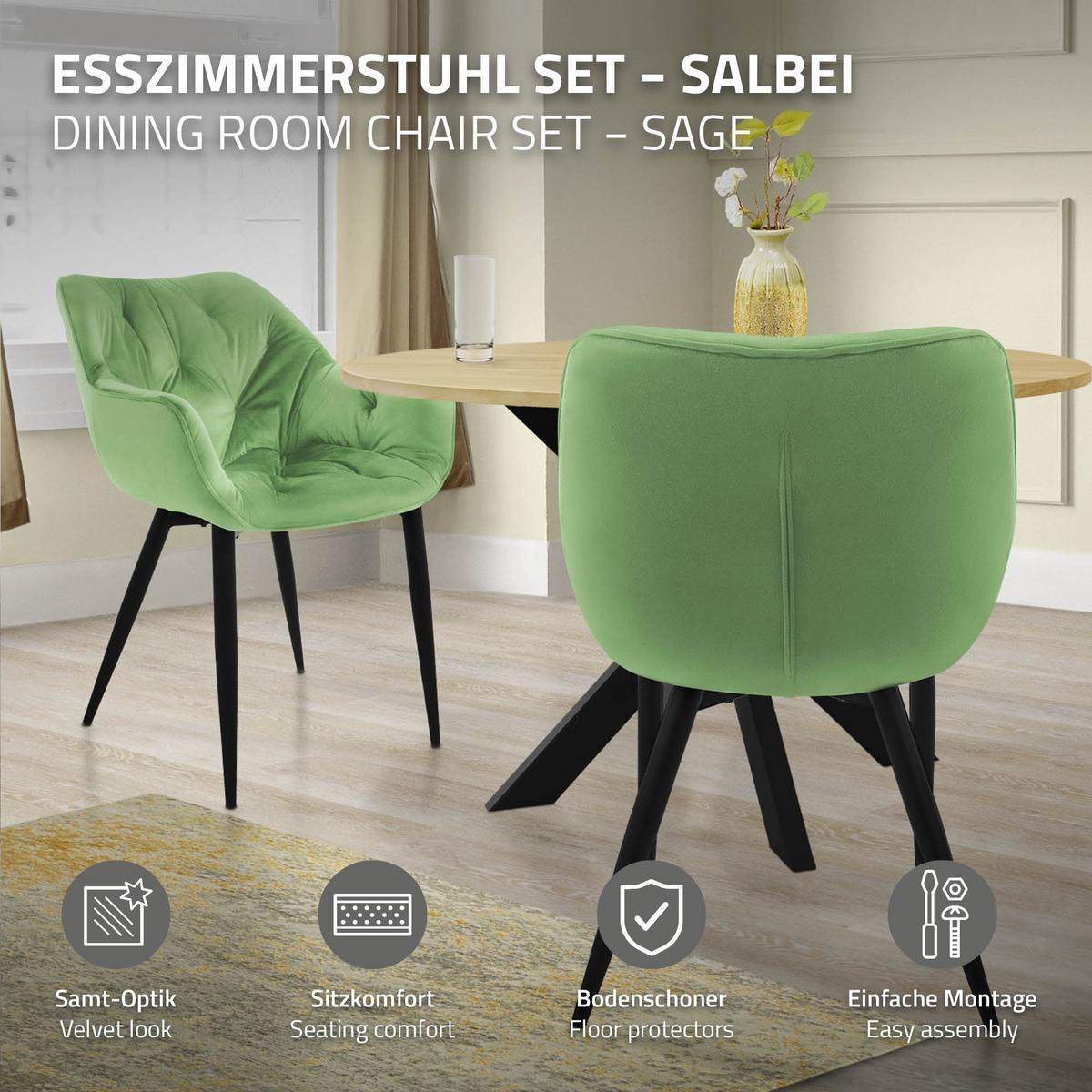 ESSZIMMERSTÜHLE 6er Set Salbei Samt - Schwarz/Grün, Metall (67/83/59cm) - ML-DESIGN