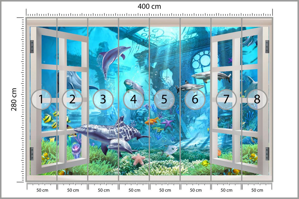 FOTOTAPETE für Schlafzimmer Fenster Unterwasserwelt Delfine Riff 400x280 - Blau/Weiß, Papier (400/280cm) - Muralo