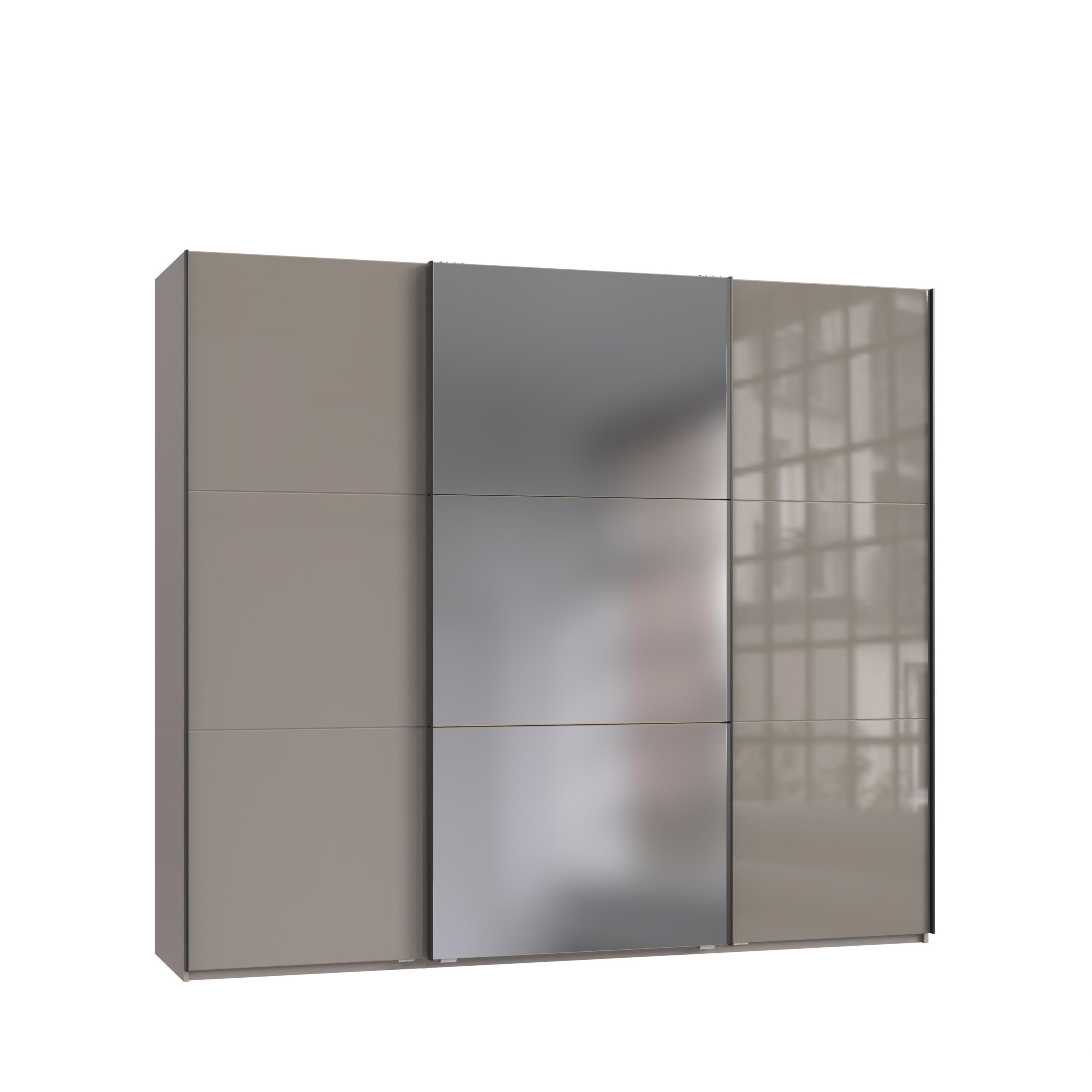 SCHWEBETÜRENSCHRANK 3-türig B250/H216/T65 cm in Sandgrau mit Glasfront, eine Spiegeltür, Kleiderschrank inkl. Vollausstattung / 22034 - Sandfarben/Eichefarben, Holzwerkstoff/Metall (250/216/65cm) - luma-home