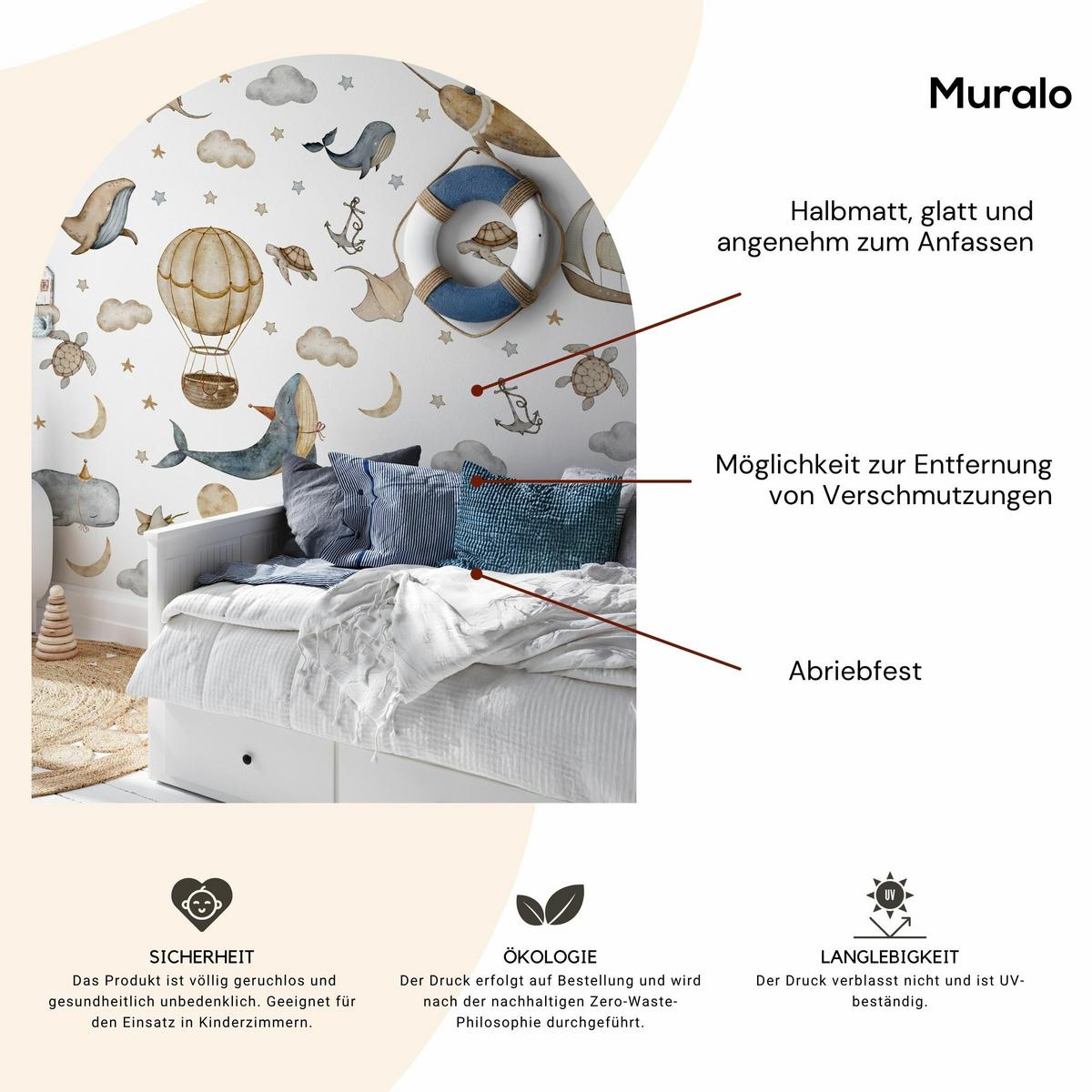 WANDSTICKER SET Wale Schildkröten Wolken Luftballons Sterne 60x30 - Beige/Braun, Papier (60/30/1cm) - Muralo