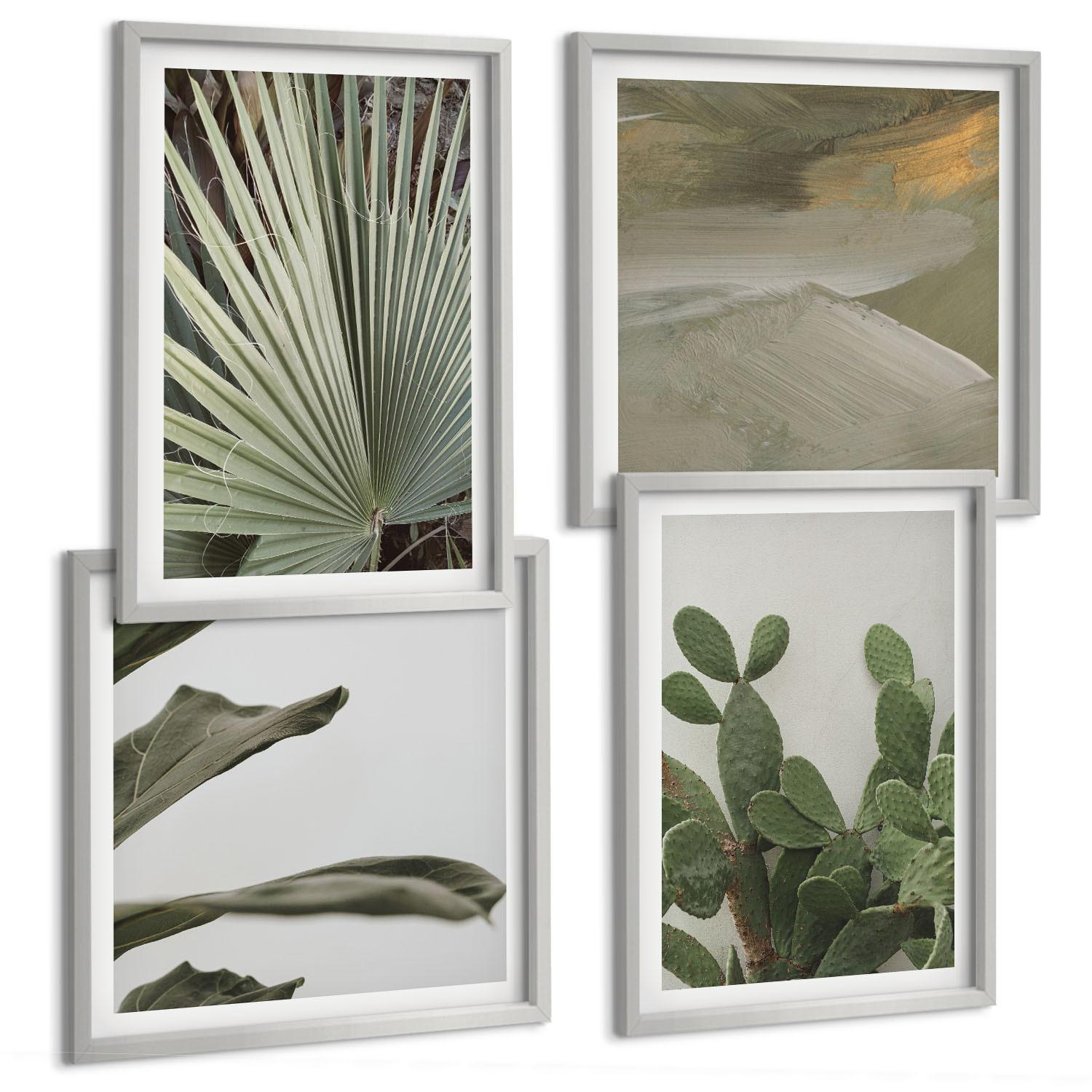BILDER SET 4er Set - 50x50 cm & 40x60 cm Silberner Rahmen - Blätter tropischer Pflanzen in Pastellfarben - Silberfarben, Kunststoff (50/50cm) - TULUP