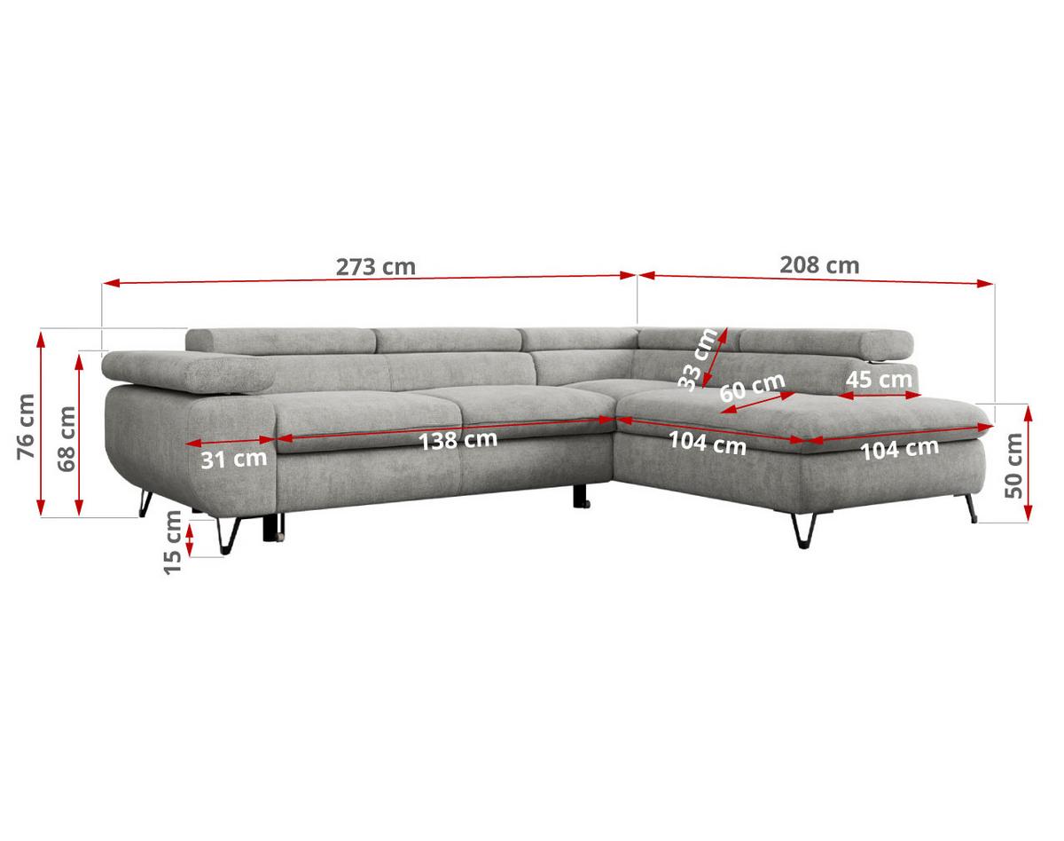 ECKSOFA PEDRO L Hellgrau Struktur - Rechts Seite - Hellgrau/Schwarz, Textil/Metall (273/208cm) - MKS