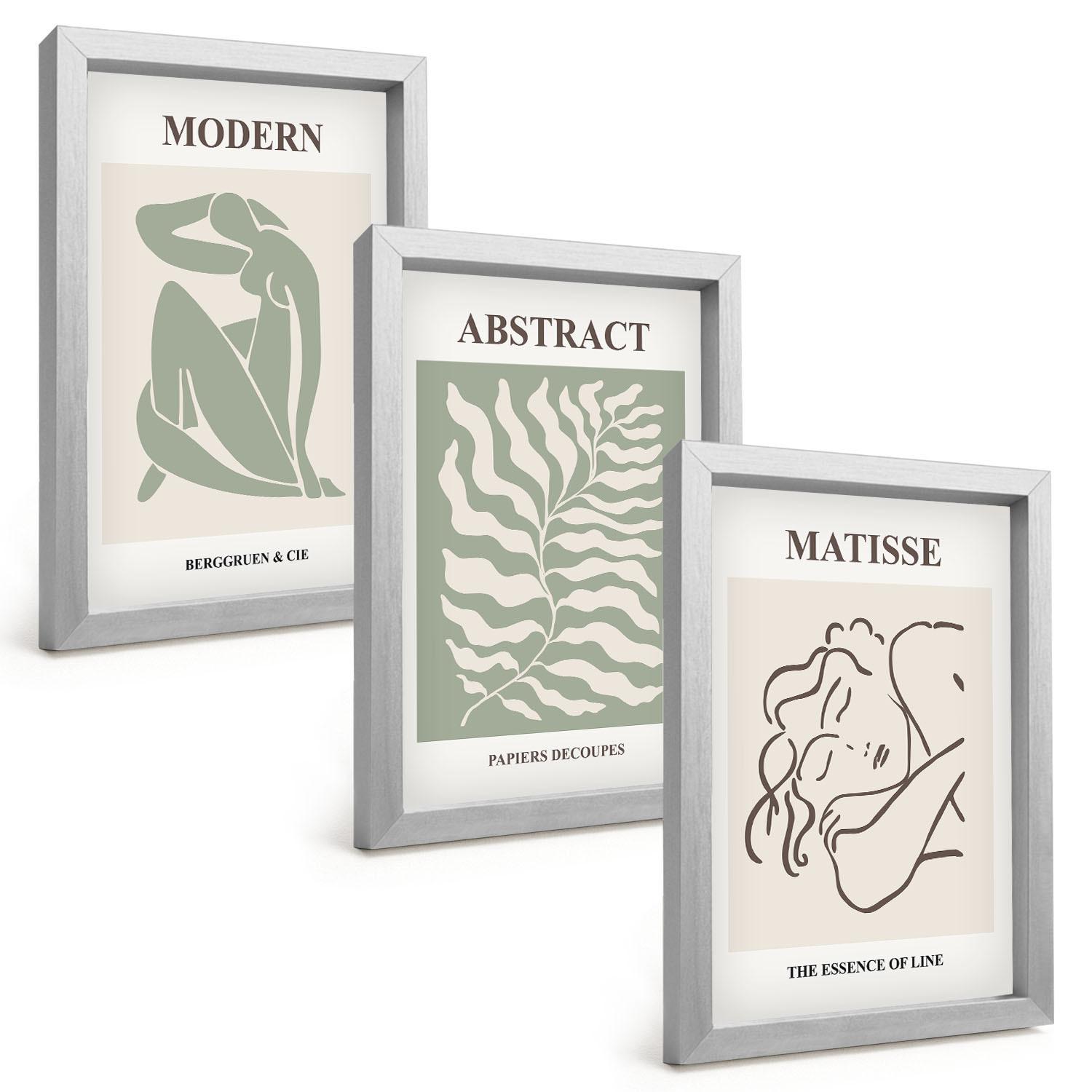 BILDER SET 3er Set - 20x30 cm Silberner Rahmen - Stilvolle grüne Gemälde mit Figuren - Silberfarben, Kunststoff (20/30cm) - TULUP