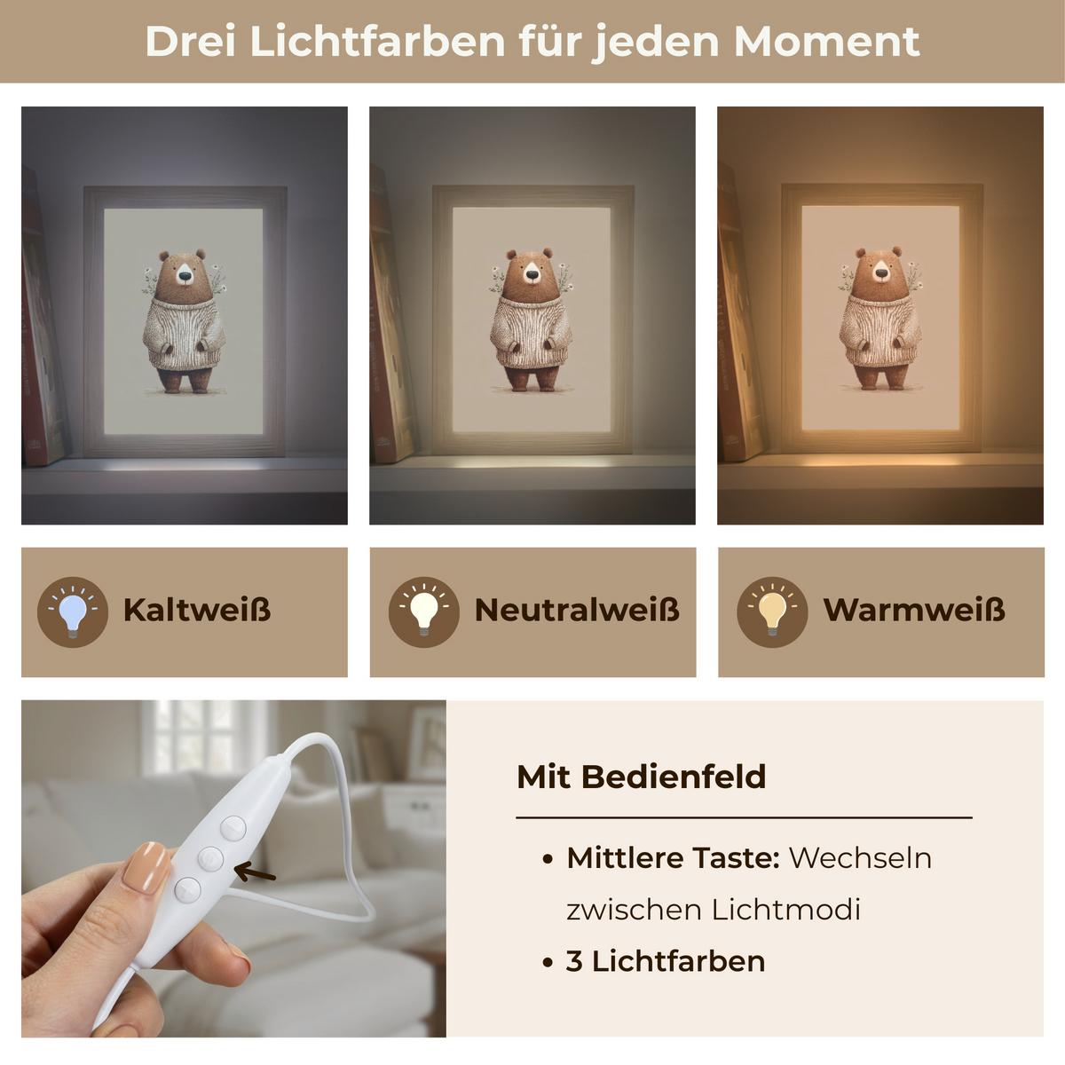 WANDLEUCHTE Bär - Weiße Blumen - Gemütlich 15x20 cm - Taupe, Holzwerkstoff (15/20/8cm) - OnlyWow