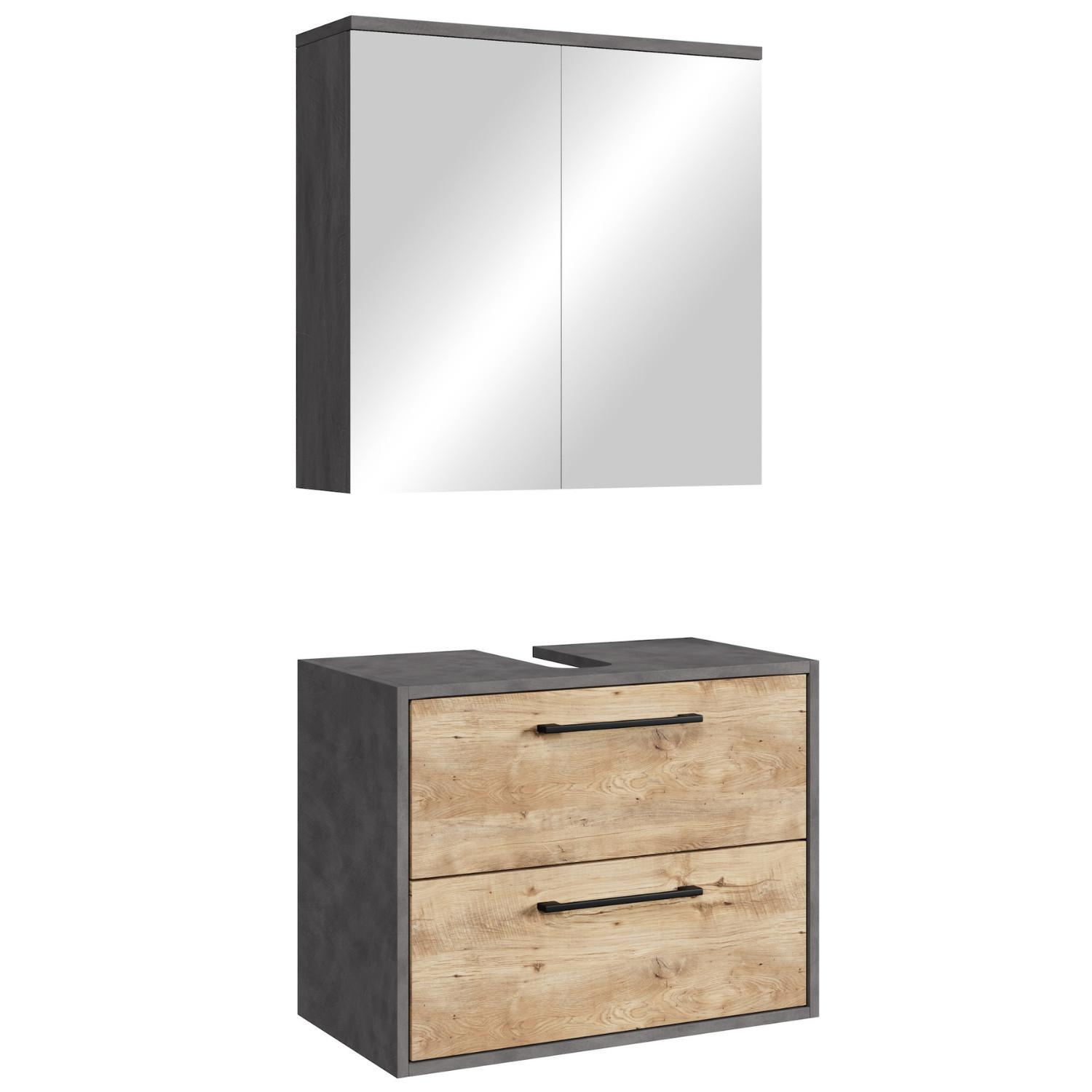 BADMÖBEL-SET Florence 2 Teile Kastanien Eiche mit Dunkel Grau - 60 x 35 x 51 cm - Eichefarben/Grau, Holz (60/51/35cm) - Badplaats