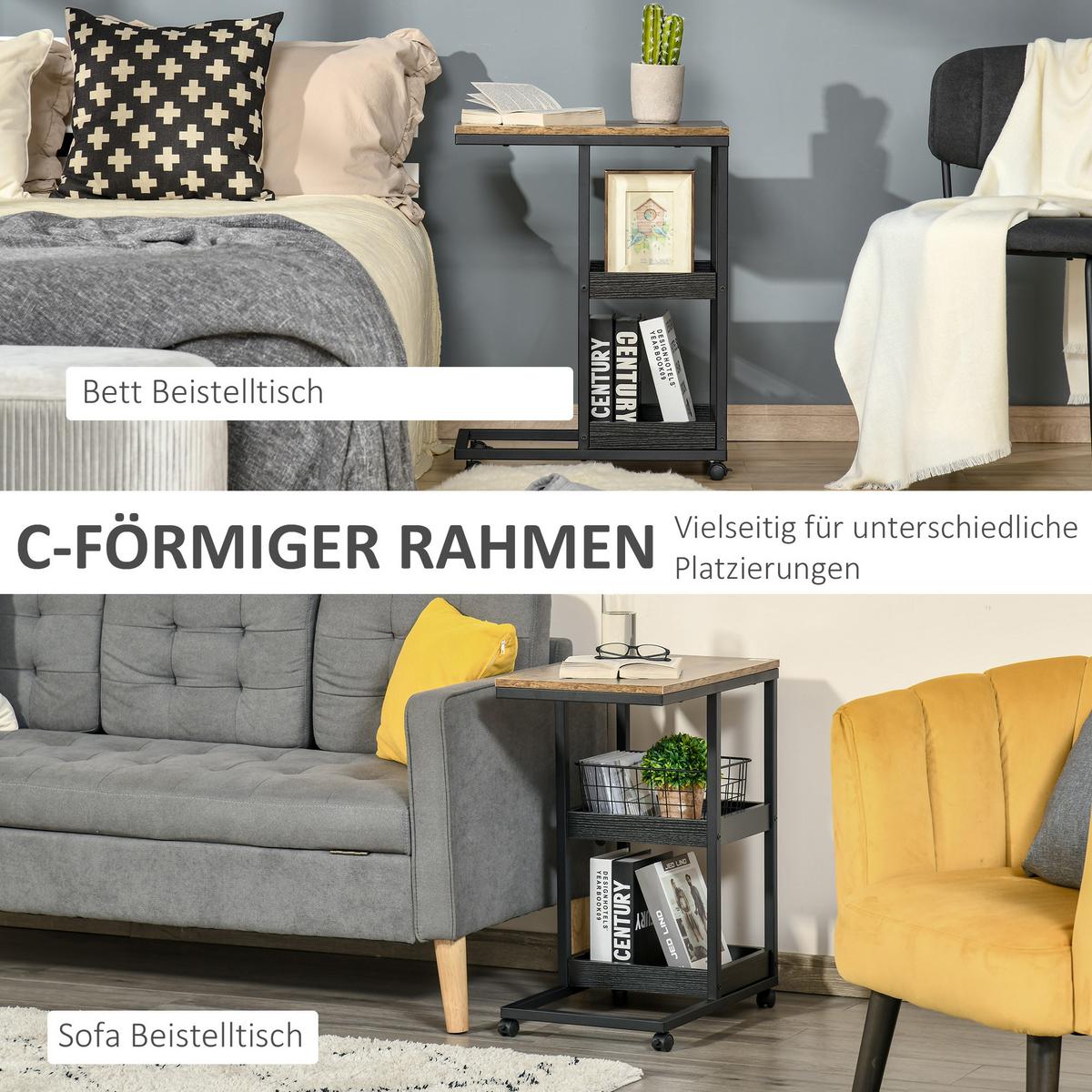 BEISTELLTISCH, Couchtisch mit Rollen, Ablage, im Industrie-Stil, 51 x 33 x 66 cm - Braun, Metall (51/33/66cm) - HOMCOM