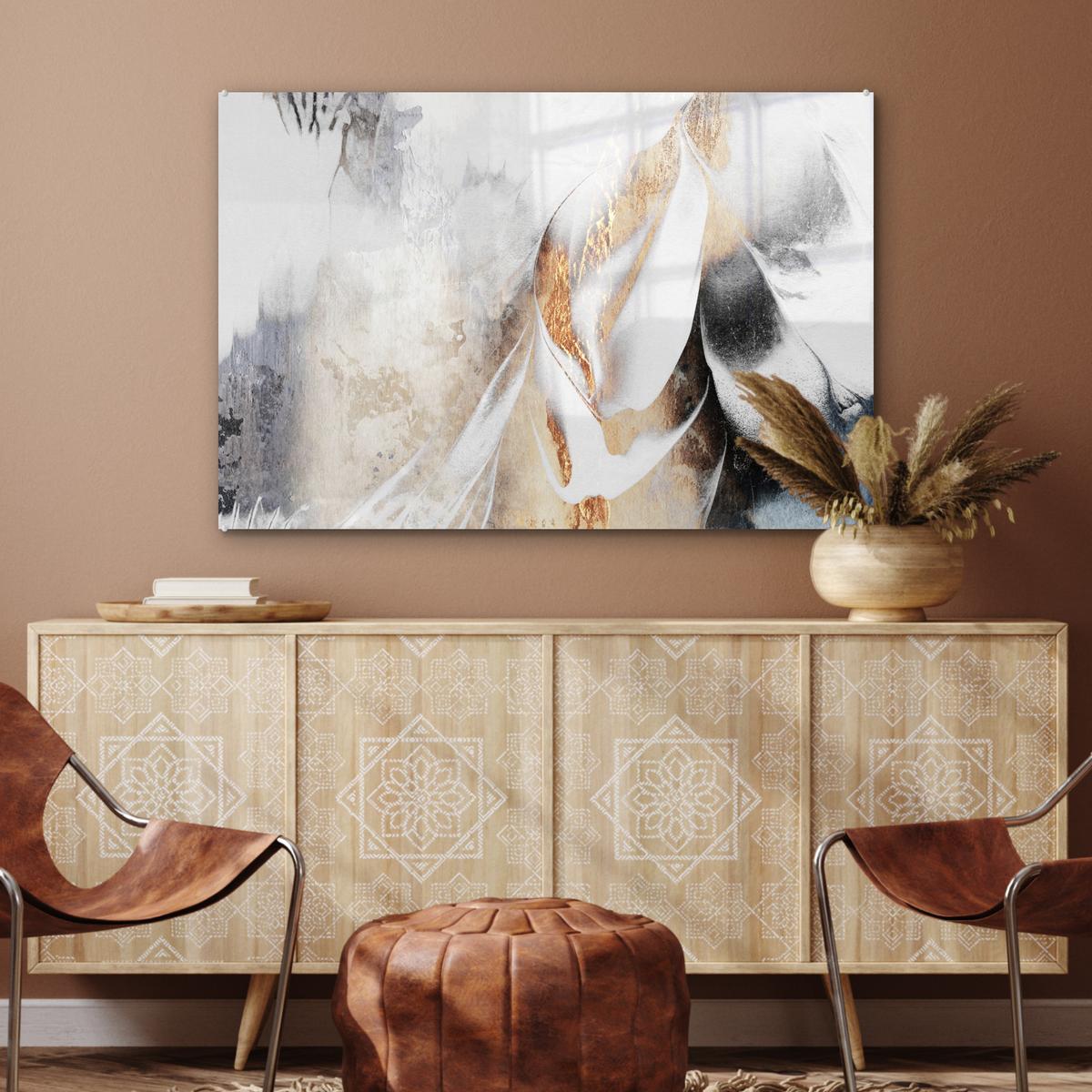ACRYLGLASBILD Luxus - Abstrakt - Gold - Weiß Room Decor 90x60 cm - Goldfarben, Glas (90/60cm) - MuchoWow