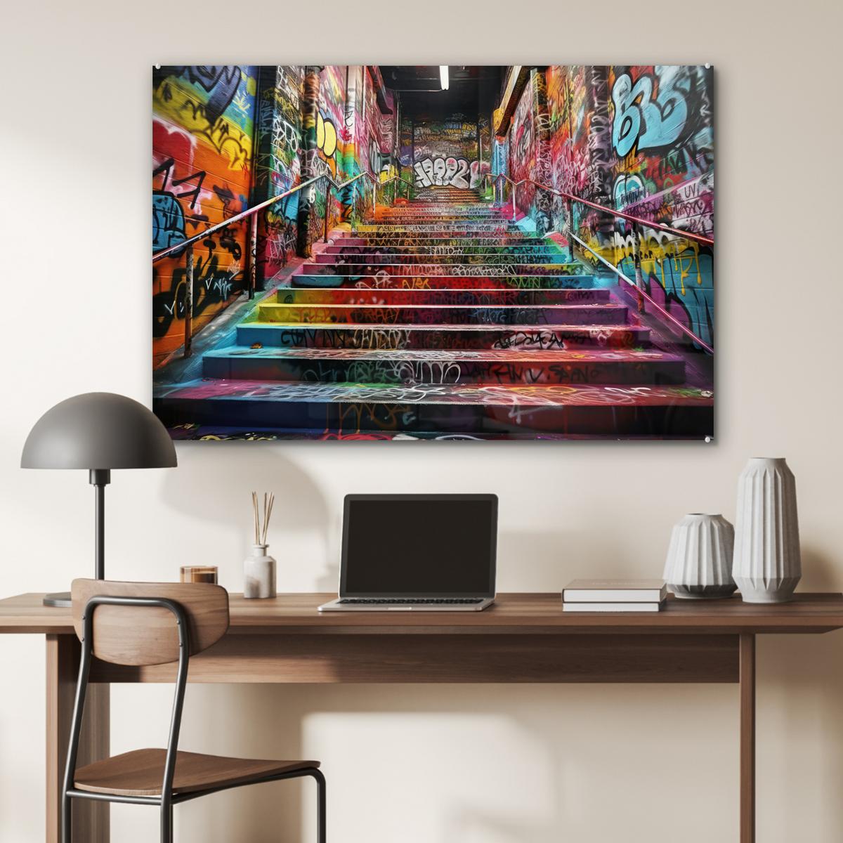 ACRYLGLASBILD Treppe - Graffiti - Farben - Kunst Wandbild Schlafzimmer 120x80 cm - Multicolor, Glas (120/80cm) - MuchoWow
