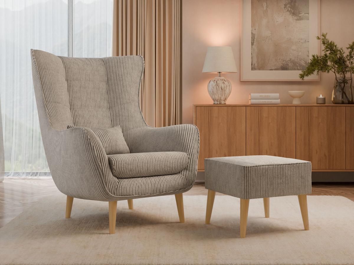 SESSEL Estjano Cord mit Fußbank - Hellbraun/Beige, Holz/Textil (80/106/95cm) - MIRJAN24