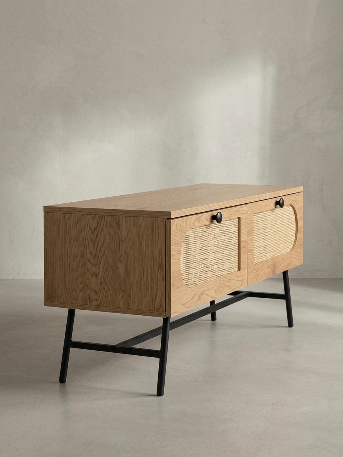 LOWBOARD Eiche-Dekor Rattan Modern Stil 100x45x40 cm mit Schubladen - Schwarz/Braun, Holzwerkstoff/Metall (100/45/40cm) - KADIMA DESIGN
