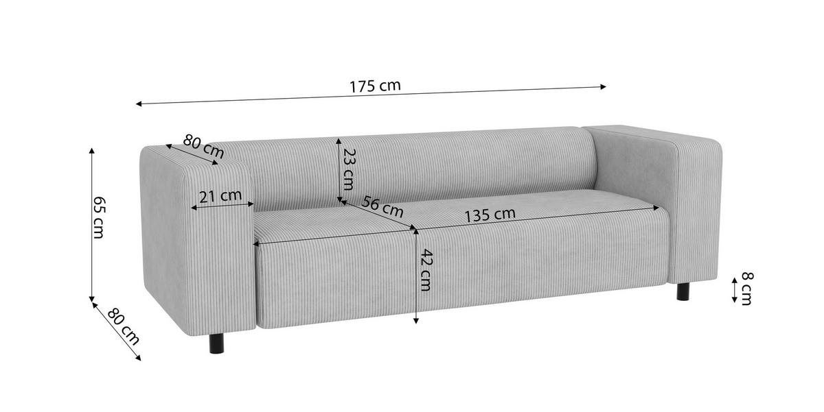 SITZGARNITUR 3+2 Tove Hellgrau Cord - Hellgrau/Schwarz, Holz/Kunststoff (175/65/80cm) - S-Style Möbel
