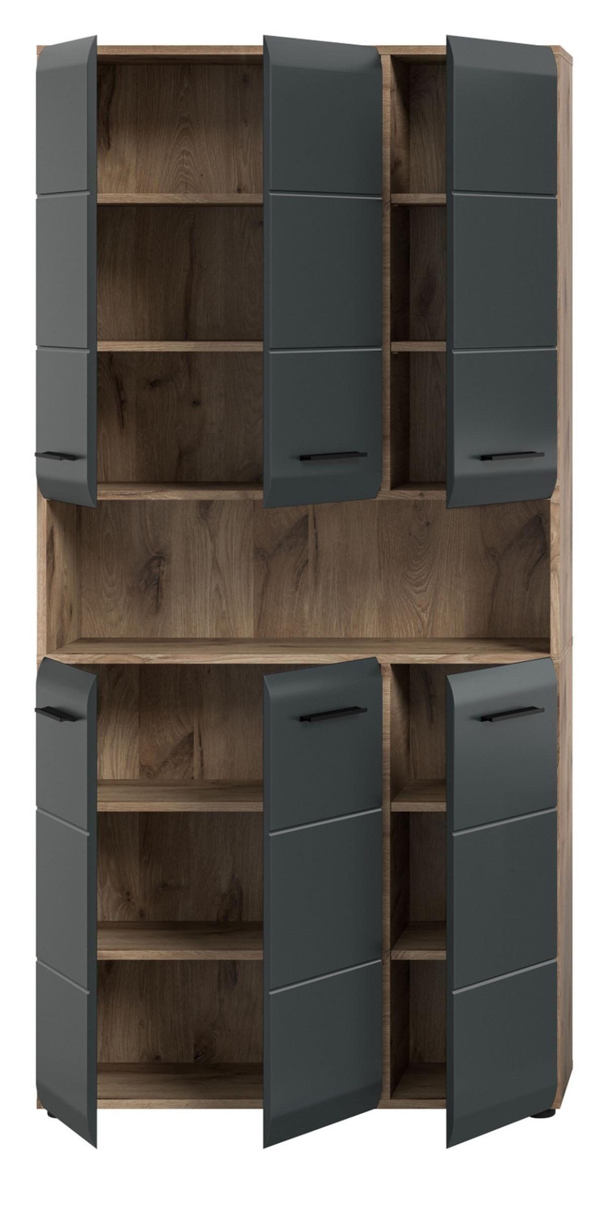 HOCHSCHRANK schwarz matt, Eiche, Badschrank Mehrzweckschrank 6-türig 90 x 185 cm - Eichefarben/Schwarz, Holzwerkstoff/Kunststoff (90/185/30cm) - Inn.Furn