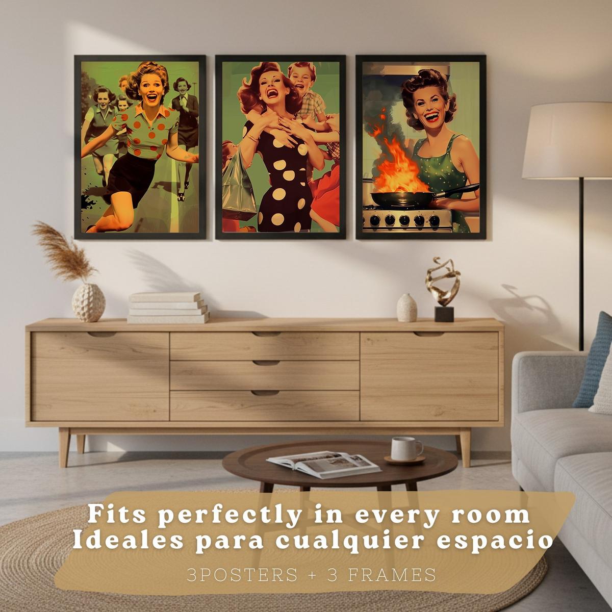 POSTER 3er Bilder-Set Wandbilder Retro Pin-up modern Wohnzimmer Deko, Schlafzimmer, Küche, Badezimmer Schwarzer Rahmen A3 - Schwarz, Papier (29.7/1/42cm) - Nacnic