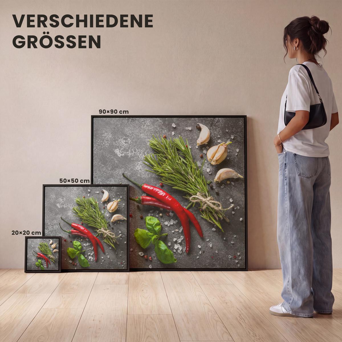 LEINWAND Bilder mit Rahmen - Pfeffer - Kräuter - Gewürze - Beton - 90x90 - Dunkelgrau, Textil (90/90cm) - MuchoWow