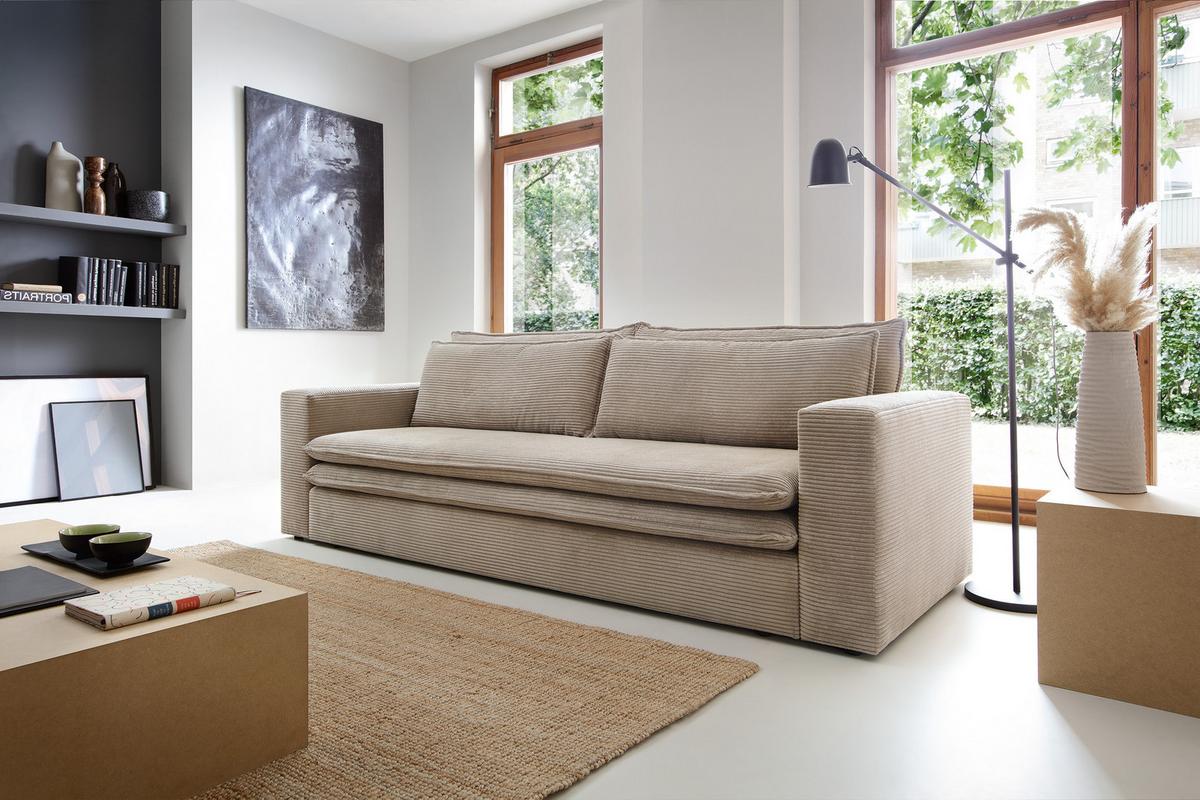 BETTSOFA SCORZA Beige Velours-Stoff mit Schlaffunktion - Beige, Textil (95/82/244cm) - MASSENO