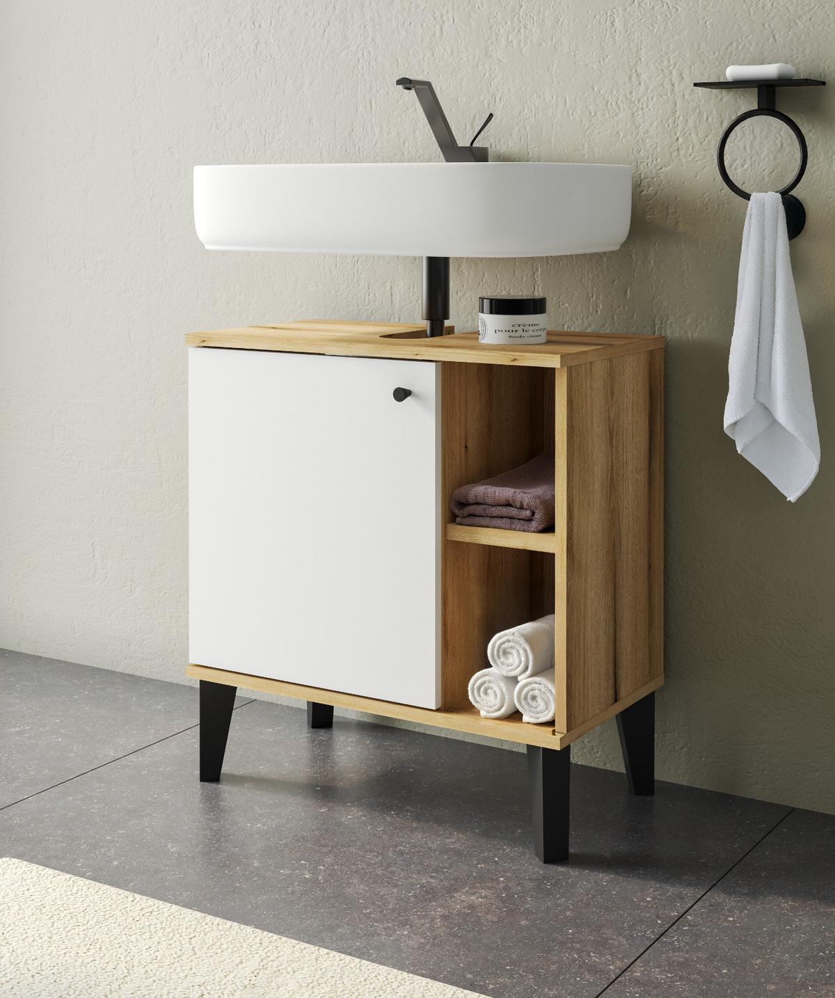 WASCHBECKENUNTERSCHRANK weiß, Evoke Eiche, Badezimmer Unterschrank, 60 cm - Eichefarben/Schwarz, Holzwerkstoff/Kunststoff (60/65/33cm) - Furn.Design