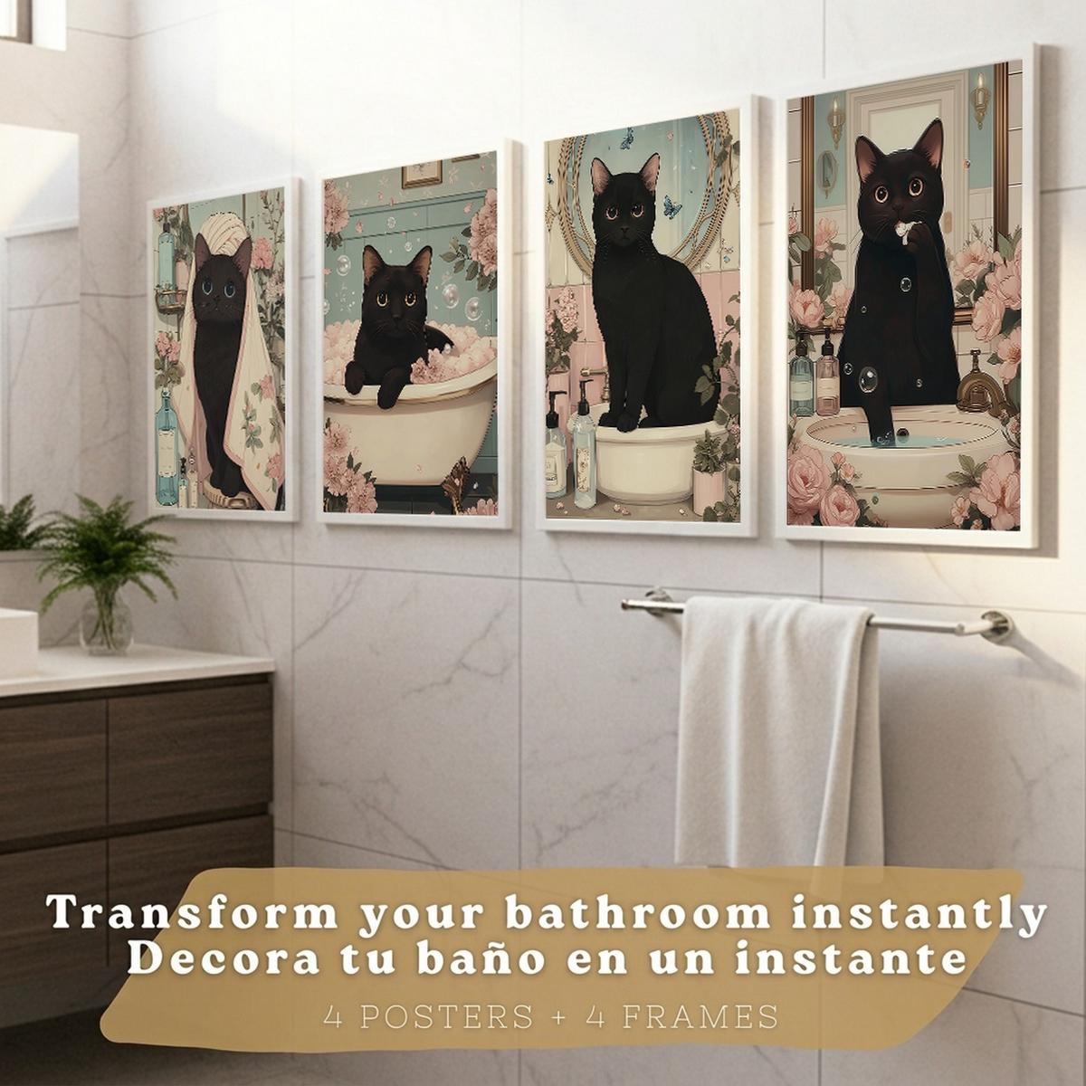 POSTER 4er-Set dekorative Kunstdrucke, schwarze Katze im Badezimmer, niedliches Blumenposter für Toilette, Schlafzimmer, sanfter Weißer Rahmen A4 - Weiß, Papier (29.7/21/3cm) - Nacnic