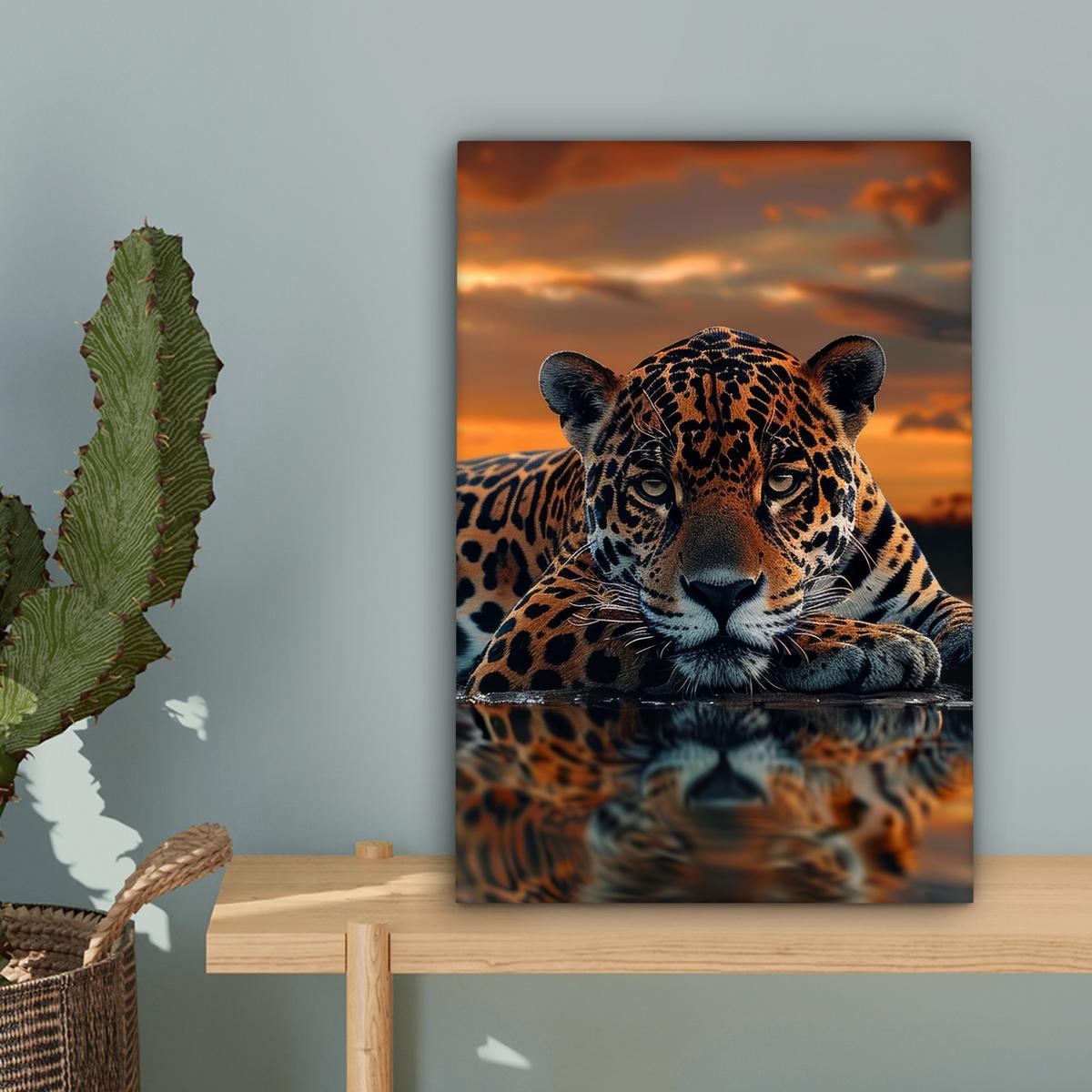 LEINWANDBILD Natur - Leopard - Tier - Sonnenuntergang - Modern Deko Wohnzimmer 20x30 cm - Orange, Textil (20/30cm) - MuchoWow