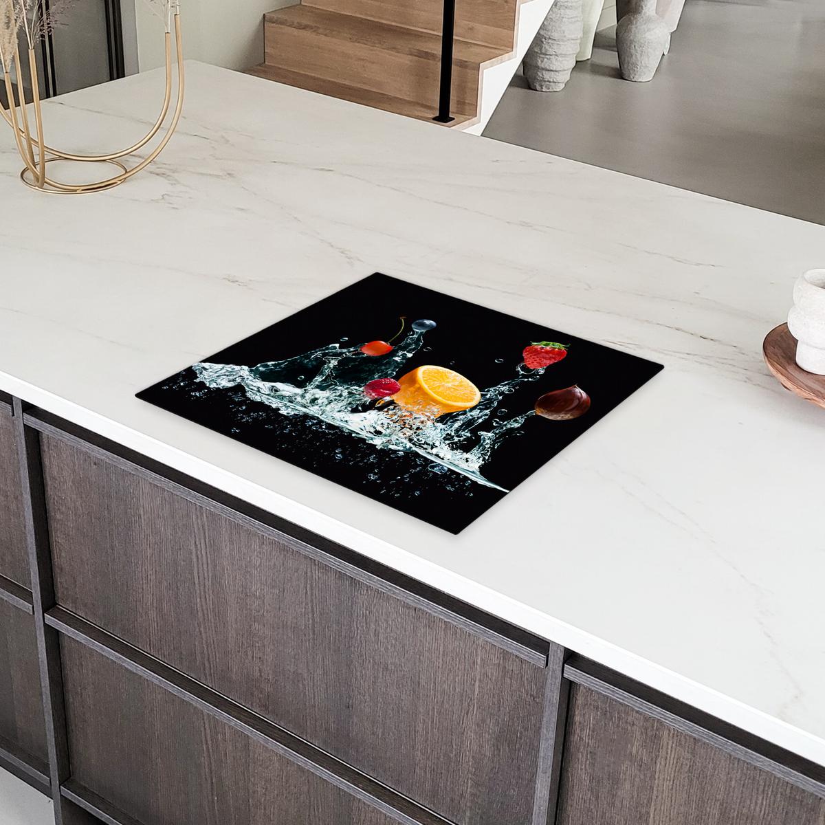 HERDABDECKPLATTE Wasser - Obst - Orange - Erdbeere - Kirsche - Schwarz Herdabdeckung Induktionsfeld 60x52 cm - Orange, Kunststoff (60/52/0.2cm) - MuchoWow