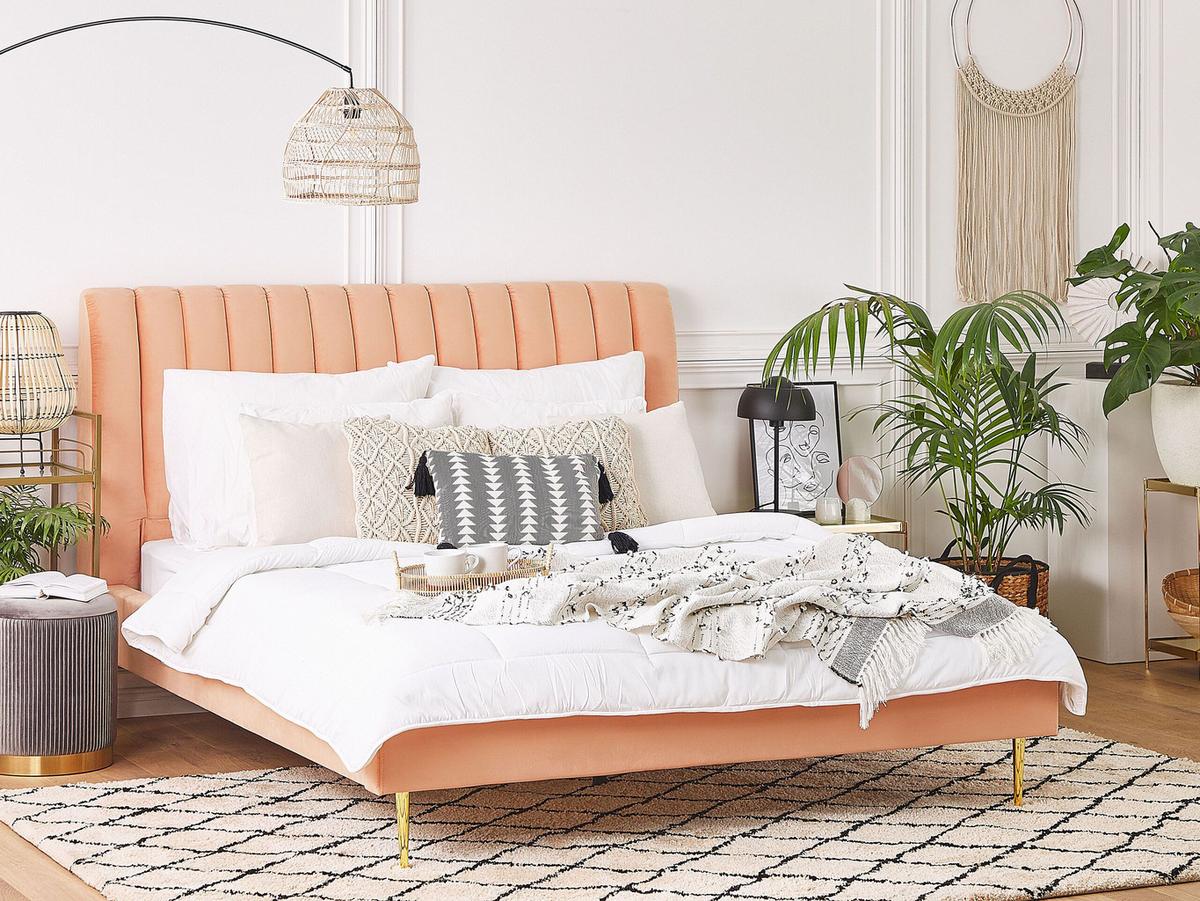 POLSTERBETT 180/200cm Pfirsichrosa Marville - Pink, Textil (180/200cm) - Beliani