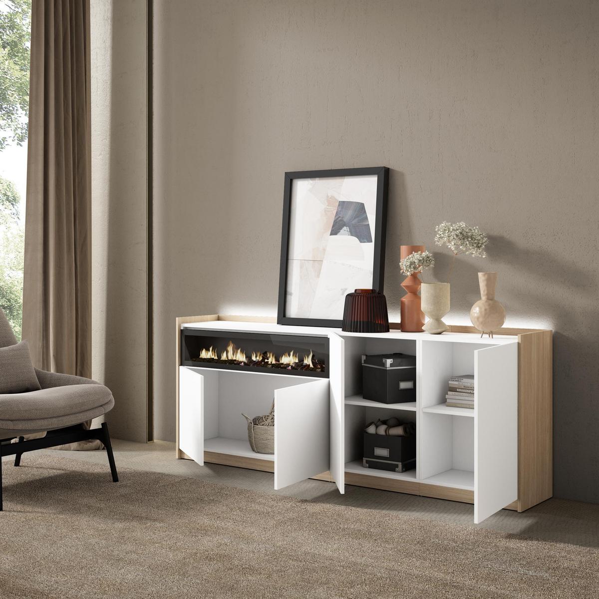 SIDEBOARD, Weiß und Eiche, 207/37/80cm, Kamin mit Feuereffekt - Weiß, Holzwerkstoff (207/80/37cm) - Skraut Home