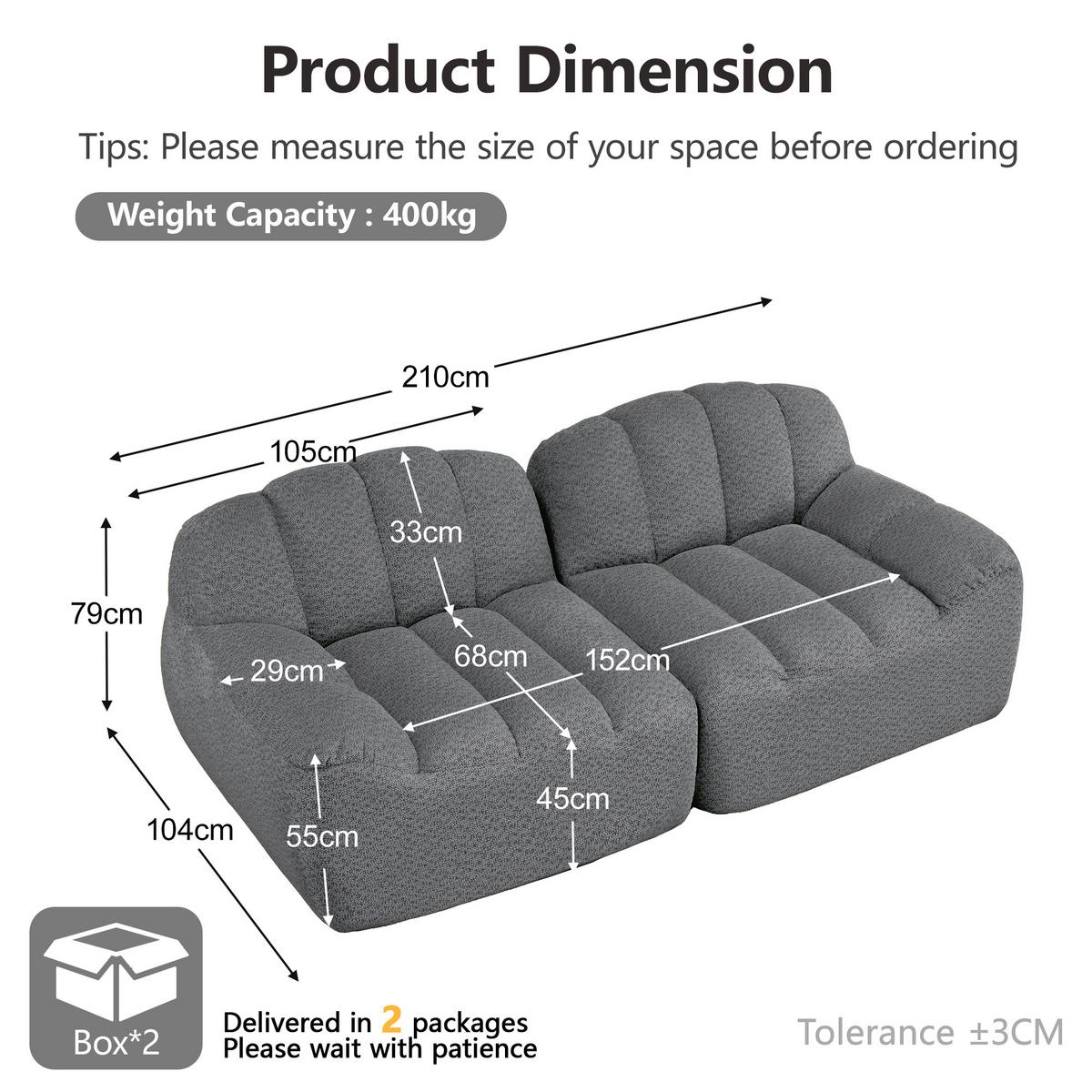 2-SITZER SOFA aus granuliertem Fleece, frameless in Muschelform ohne Montage - Grau, Textil (210/79/104cm) - Urban Meuble
