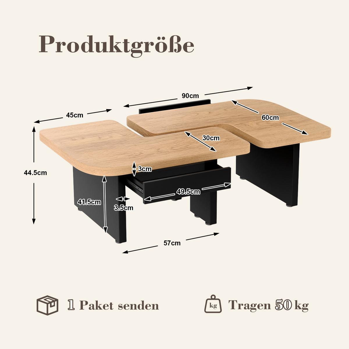 COUCHTISCH holzoptik led 2in1 schubladen - Naturfarben, Holzwerkstoff (60/135/44.5cm) - Urban Meuble