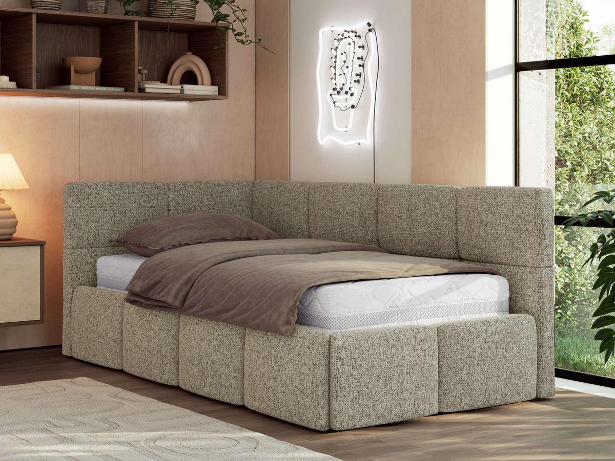 JUGENDBETT ARVO 90/200 - Dunkelbeige Strukture - Multipocket-Matratze - Links Seite - Bronzefarben, Textil (90/200cm) - MKS