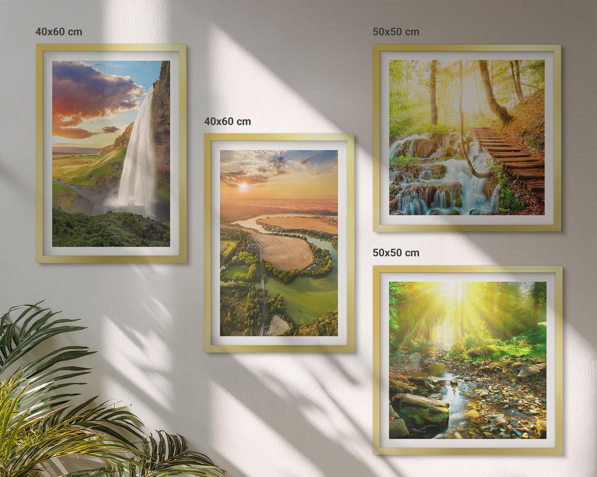 BILDER SET 4er Set - 50x50 cm & 40x60 cm Goldrahmen - Orange Mountain Wasserfall - Goldfarben, Kunststoff (50/50cm) - TULUP