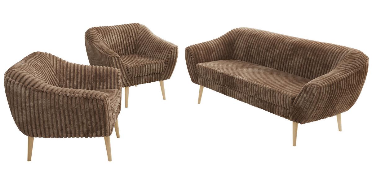 SITZGARNITUR PIRS 3+1+1 - Braun Cord - Holzbeine - Buchefarben/Braun, Holzwerkstoff/Textil (180/75/74cm) - MKS
