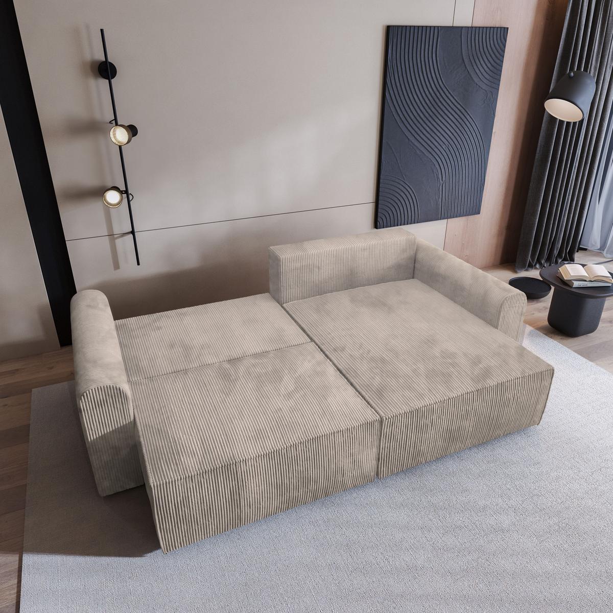 ECKSOFA FIANO P Creme Kordstoff mit Schlaffunktion - Creme/Grau, Holz/Kunststoff (245/148cm) - MASSENO