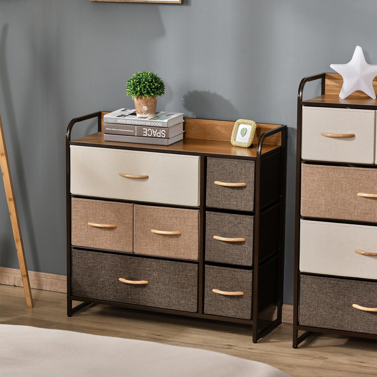KOMMODE Leinenstoff Stahl Bunt - Multicolor/Naturfarben, Holz/Textil (29/78.5/80cm) - HOMCOM