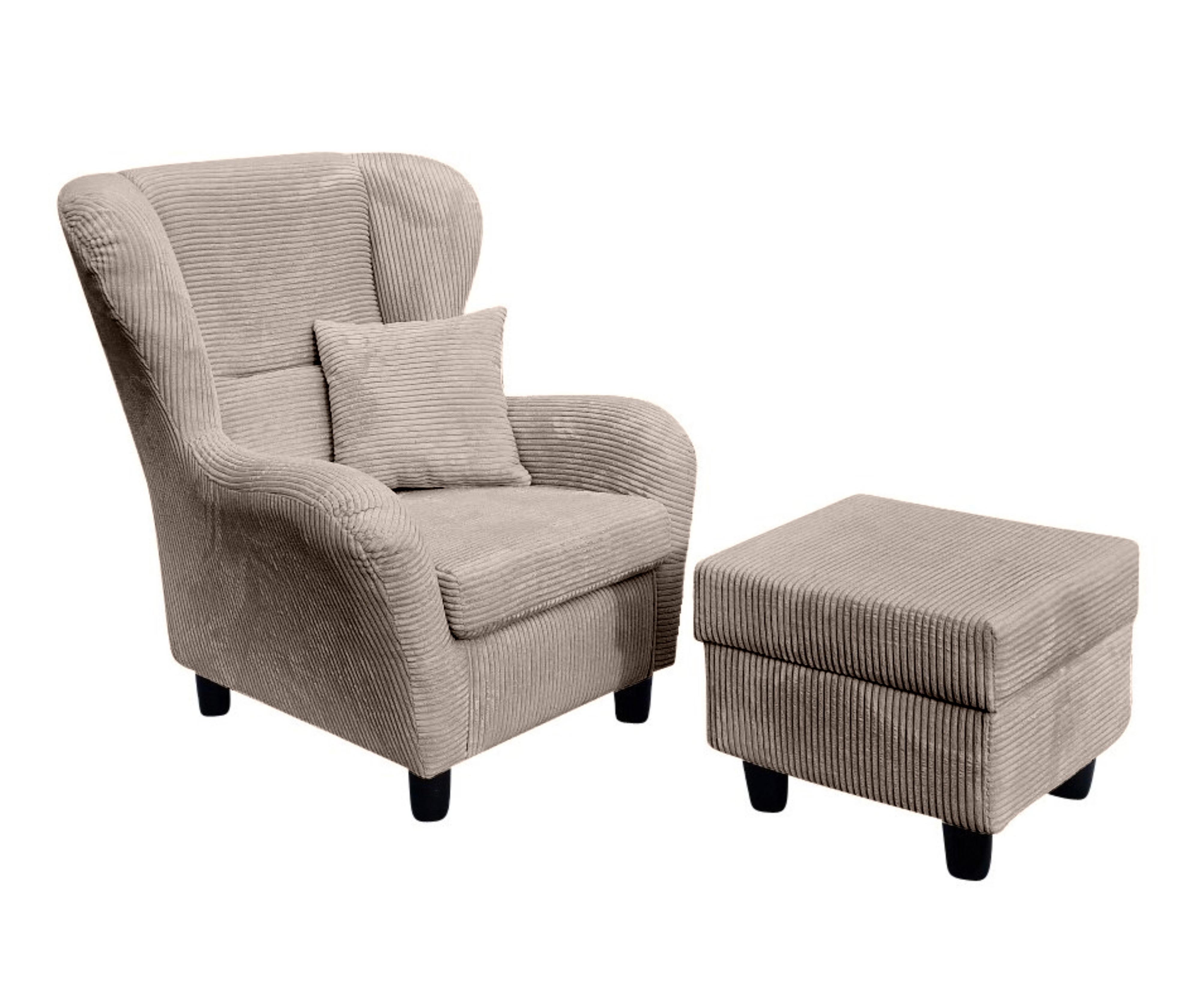 OHRENSESSEL mit HOCKER, hoher Sitzkomfort durch Wellenunterfederung B90/H98/T76 cm, Cord Taupe / 18020 - Schwarz/Braun, Holz/Textil (90/98/76cm) - luma-home