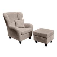 OHRENSESSEL mit HOCKER, hoher Sitzkomfort durch Wellenunterfederung B90/H98/T76 cm, Cord Taupe / 18020 - Schwarz/Braun, Holz/Textil (90/98/76cm) - luma-home
