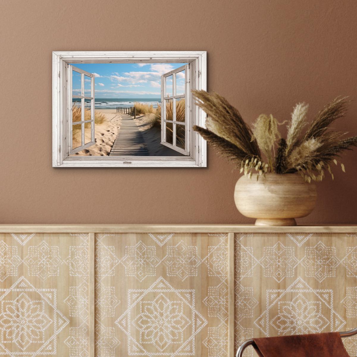 METALLBILD Fenster - Meer - Küste - Natur - Ausblick - Strand - Wattenmeer 40x30 cm - Beige, Metall (40/30cm) - MuchoWow