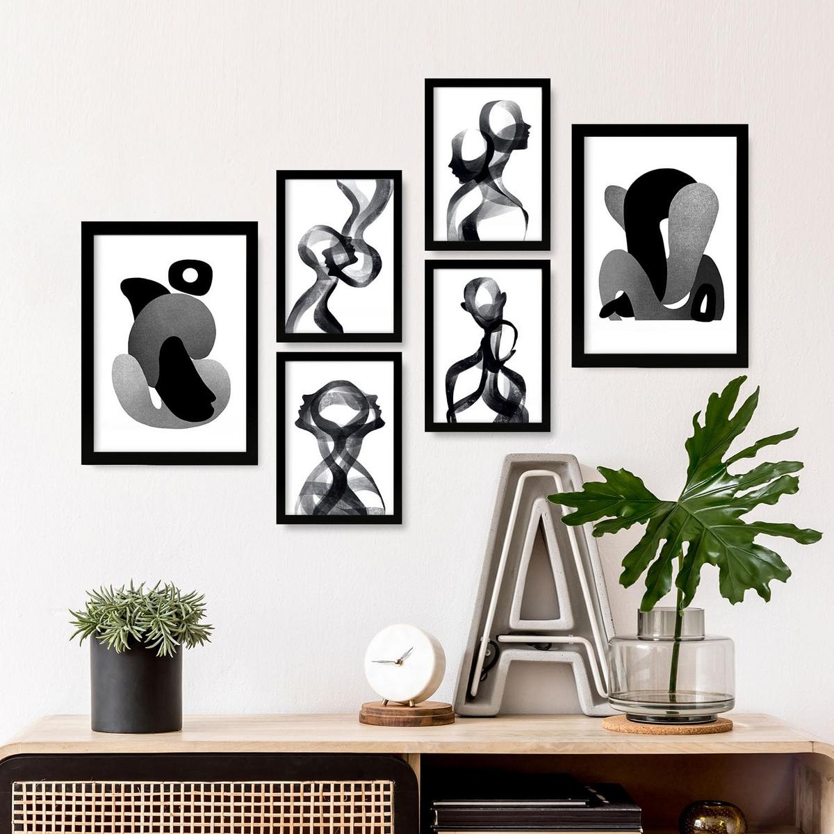 POSTER Set Mit 6 Gebogener Körper In Liebhaber Abstrakt Ästhetische Dekorative Gemälde Für Ihr Wohnzimmer Zuhause A3 & A4 Schwarzer Rahmen - Schwarz, Papier (29/3cm) - Nacnic
