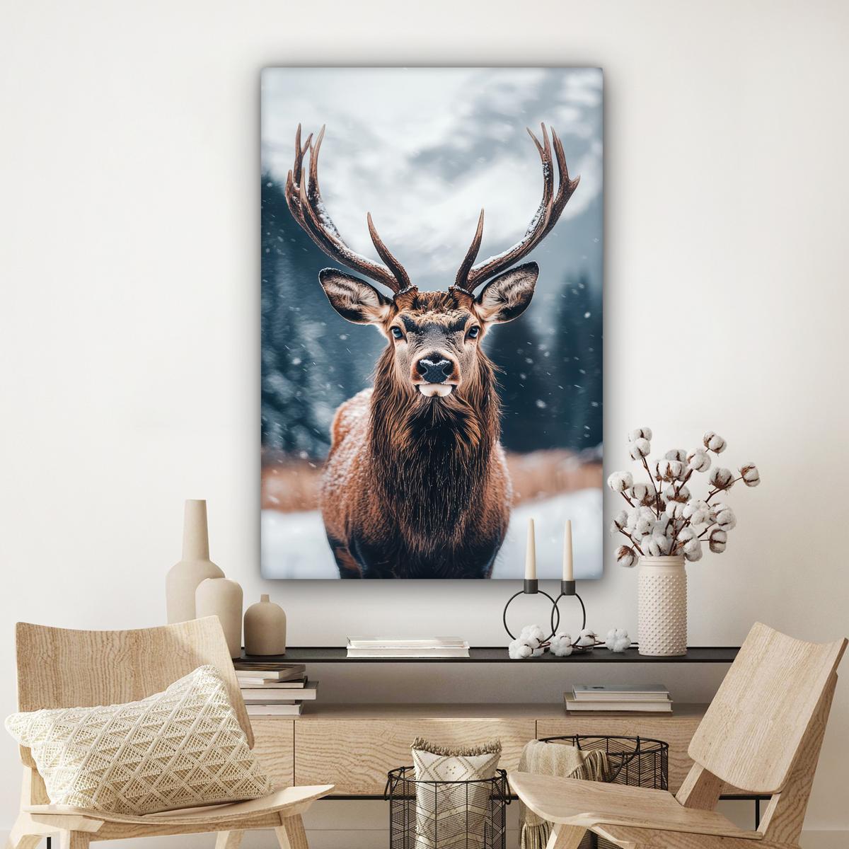 LEINWANDBILD Hirsche - Tiere - Landschaft - Winter - Schnee Deko Groß 90x140 cm - Kastanienfarben, Textil (90/140cm) - MuchoWow