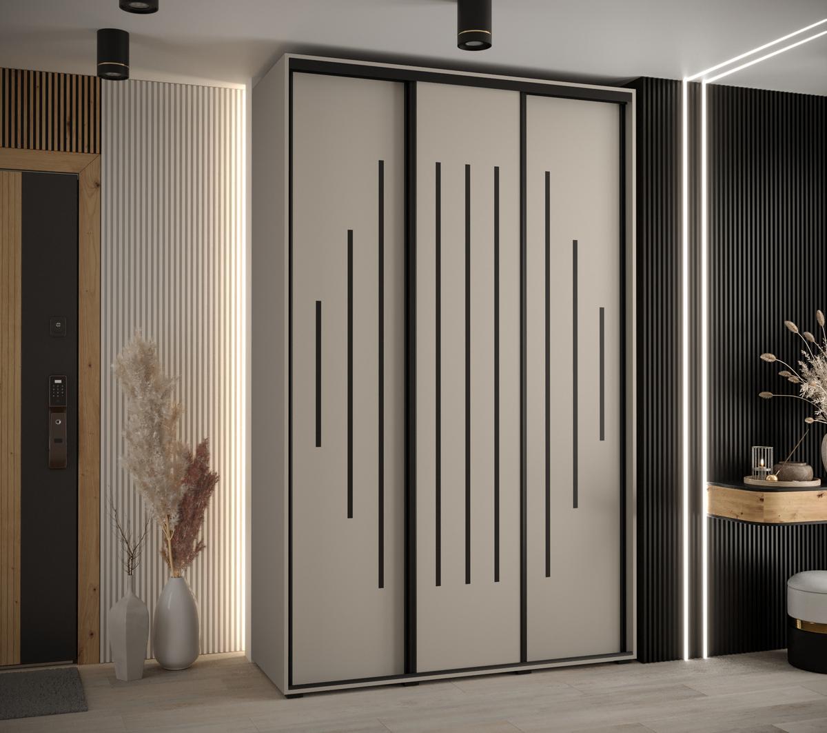 SCHWEBETÜRENSCHRANK 235,2/150/60 3-türig - Kaschmir/Schwarz, Holz/Metall (150/235.2/60cm) - MÖBEL KRYSPOL
