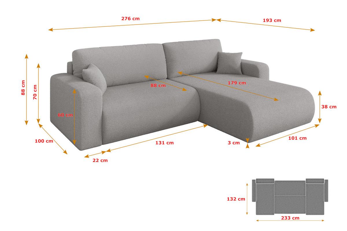 ECKSOFA mit Schlaffunktion Ottomane Rechts BERY-L 276x193x88 Hellgrau Bouclé - Silberfarben/Hellgrau, Holzwerkstoff/Kunststoff (276/193cm) - ALTDECOR