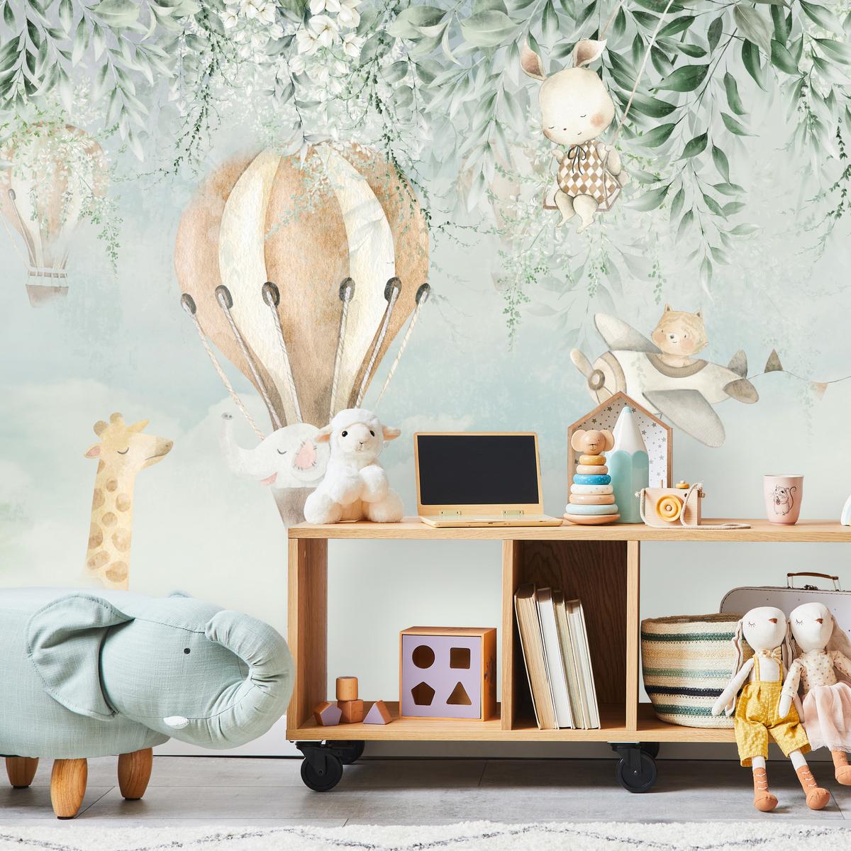 FOTOTAPETE für Kinderzimmer Tiere Wolken Ballons Giraffe Elefant 100x70 - Beige/Braun, Papier (100/70cm) - Muralo