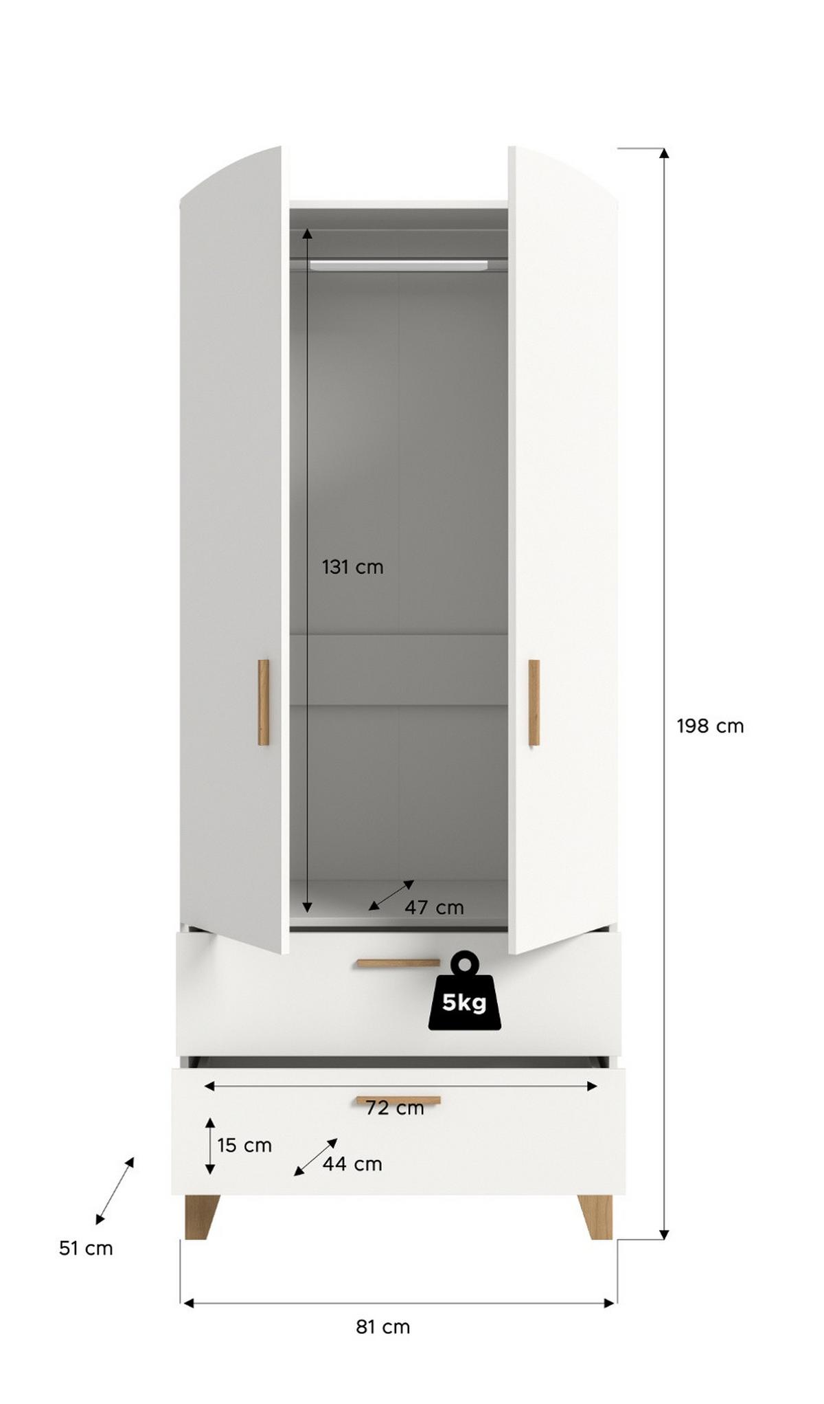 KLEIDERSCHRANK in weiß, Eiche Artsian 81 x 194 cm, Drehtürenschrank 2-türig skandinavisch - Eichefarben/Weiß, Holzwerkstoff (81/198/51cm) - Inn.Furn
